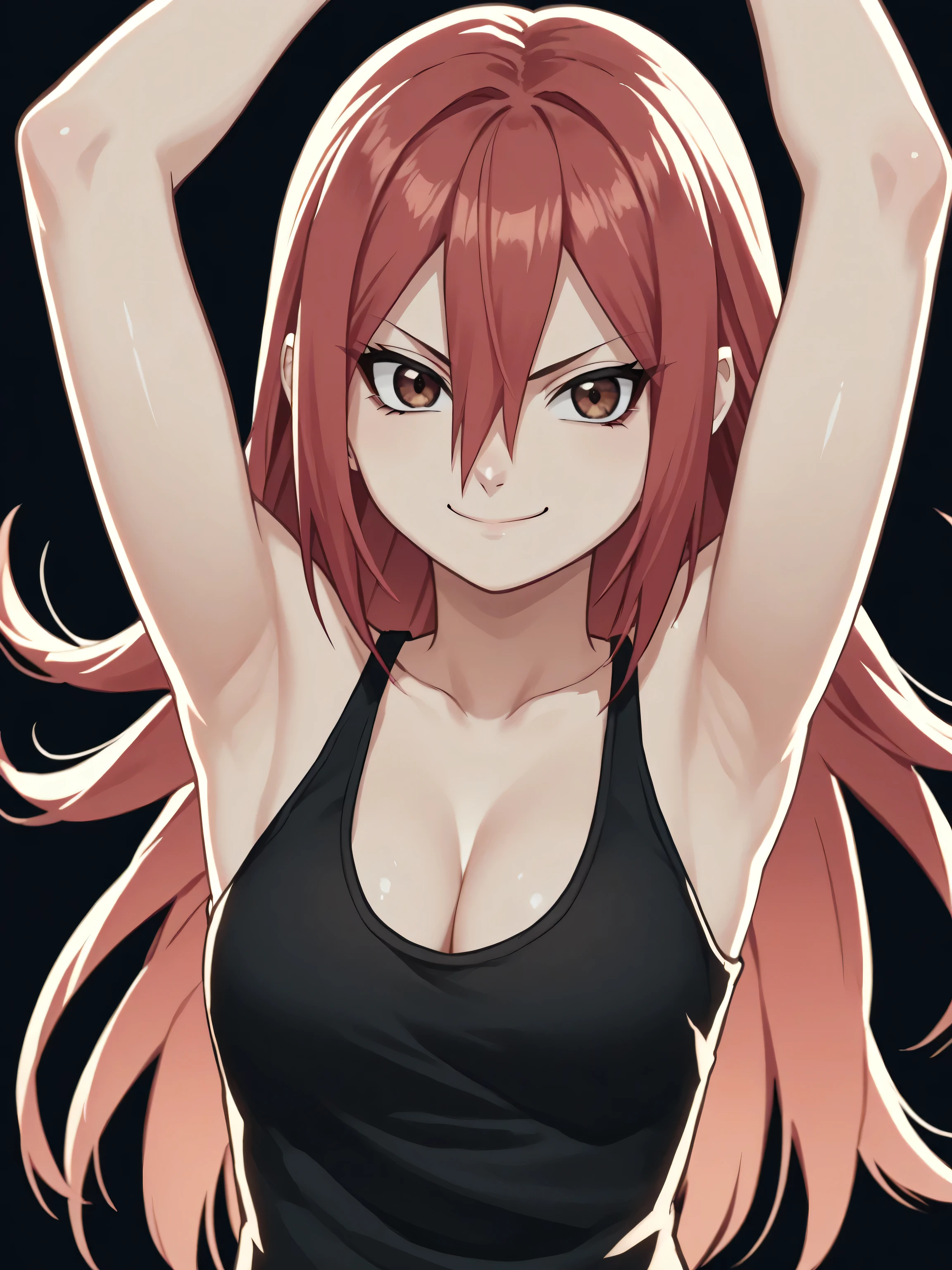 score_9, score_8_up, score_7_up, source_anime, tayuya, red hair, long hair, brown eyes, cleavage, collarbone, tank top, black tank top, sleeveless, bare shoulders, bare arms, 1girl, solo, anime screencap, frontlighting, simple background, black background, dark background, soft light, shiny skin, shiny hair, looking at viewer, eye contact with viewer, evil smile, closed mouth, arms up, raised arms, armpits, in the center, symmetrical, upright,