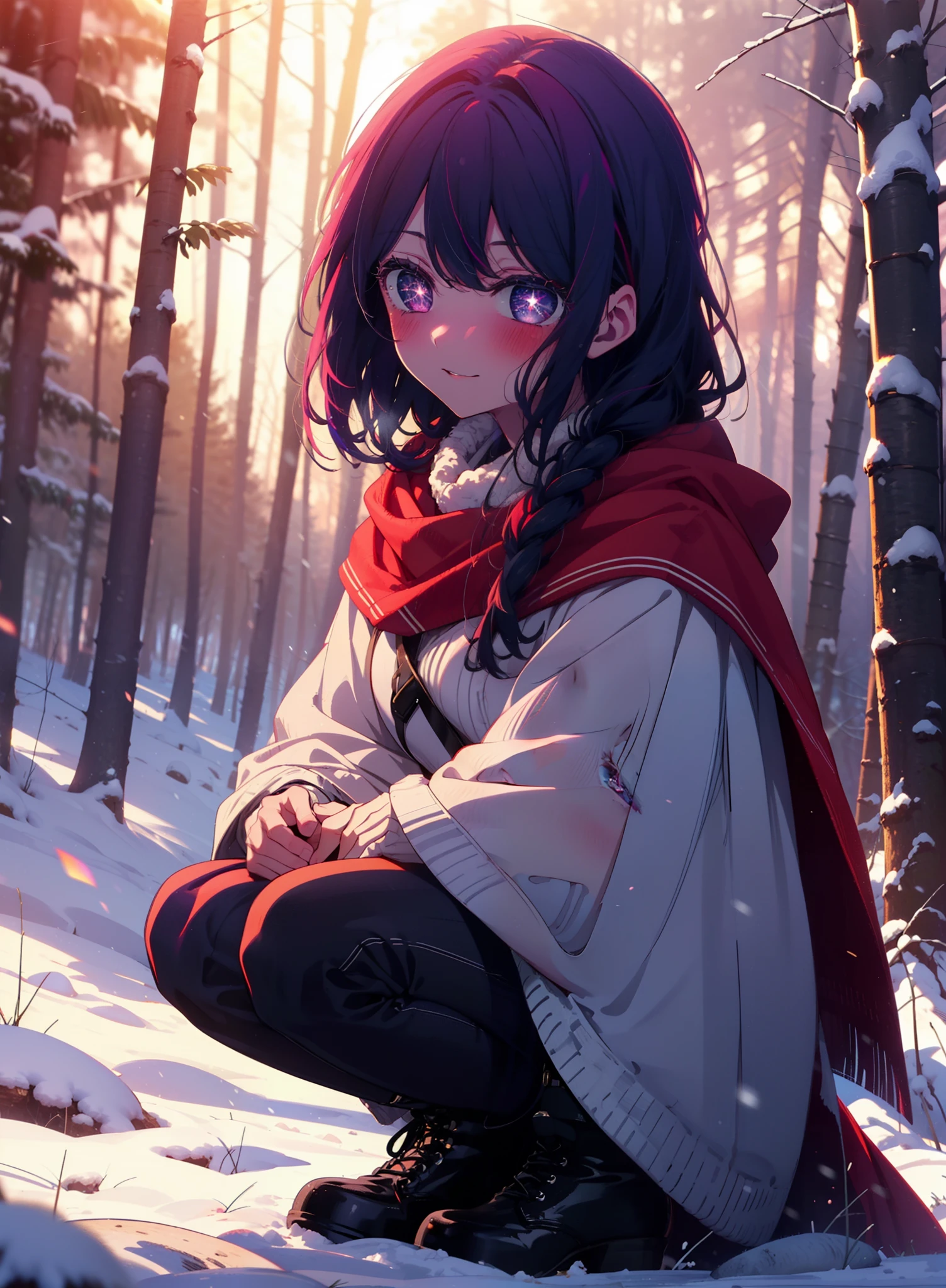 aihoshino, Ai Hoshino, Long Hair, bangs, (Purple eyes:1.1), Purple Hair, (Symbol-shaped pupil:1.5), smile,,smile,blush,white breath,
Open your mouth,snow,Ground bonfire, Outdoor, boots, snowing, From the side, wood, suitcase, Cape, Blurred, , forest, White handbag, nature, Squat, Mouth closed, Cape, winter, Written boundary depth, Black shoes, red Cape break looking at viewer, Upper Body, whole body, break Outdoor, forest, nature, break (masterpiece:1.2), Highest quality, High resolution, unity 8k wallpaper, (shape:0.8), (Beautiful and beautiful eyes:1.6), Highly detailed face, Perfect lighting, Extremely detailed CG, (Perfect hands, Perfect Anatomy),