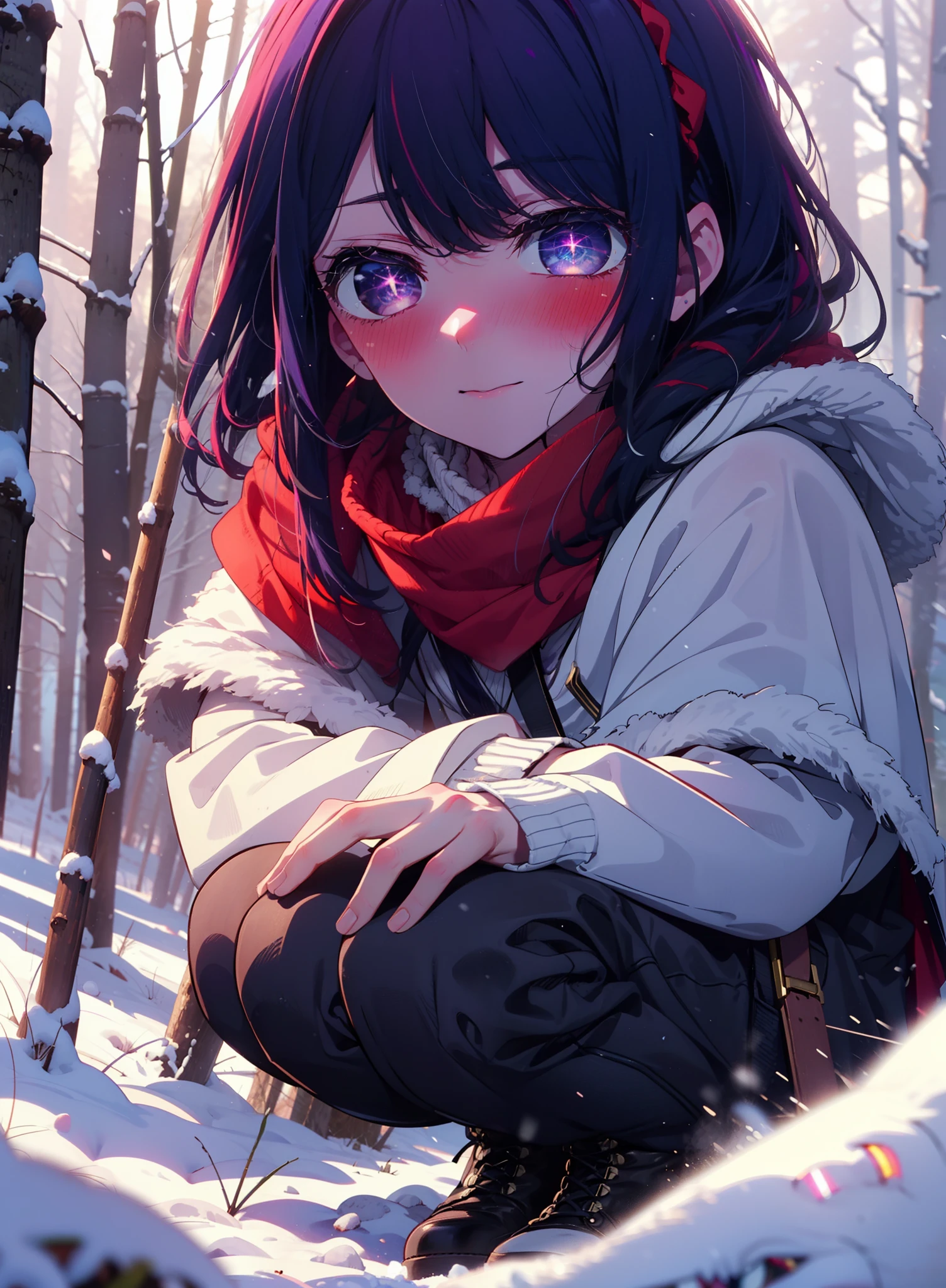 aihoshino, Ai Hoshino, Long Hair, bangs, (Purple eyes:1.1), Purple Hair, (Symbol-shaped pupil:1.5), smile,,smile,blush,white breath,
Open your mouth,snow,Ground bonfire, Outdoor, boots, snowing, From the side, wood, suitcase, Cape, Blurred, , forest, White handbag, nature, Squat, Mouth closed, Cape, winter, Written boundary depth, Black shoes, red Cape break looking at viewer, Upper Body, whole body, break Outdoor, forest, nature, break (masterpiece:1.2), Highest quality, High resolution, unity 8k wallpaper, (shape:0.8), (Beautiful and beautiful eyes:1.6), Highly detailed face, Perfect lighting, Extremely detailed CG, (Perfect hands, Perfect Anatomy),