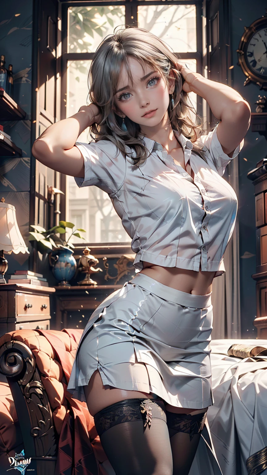 (((1 girl)),Ray Tracing,(Dim lighting),[Detailed Background (living room)),((Silver Hair)),(Silver Hair)),((Fluffy Silver Hair, Plump and slim girls)) Raised ponytail))) Avoid golden eyes in the ominous living room ((((The girl is wearing a white opaque shirt, Black wrinkled skirt and black transparent stockings), Showing off a delicate, slender figure and graceful curves, Correct limbs, Put your hands behind your head, Put your hands behind your head, Put your hands behind your head , Eye details, Beautiful Eyes, Delicate eyes, blue eyes