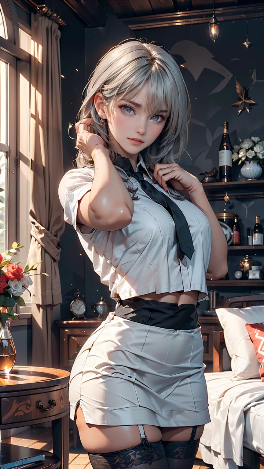 (((1 girl)),Ray Tracing,(Dim lighting),[Detailed Background (living room)),((Silver Hair)),(Silver Hair)),((Fluffy Silver Hair, Plump and slim girls)) Raised ponytail))) Avoid golden eyes in the ominous living room ((((The girl is wearing a white opaque shirt, Black wrinkled skirt and black transparent stockings), Showing off a delicate, slender figure and graceful curves, Correct limbs, Put your hands behind your head, Put your hands behind your head, Put your hands behind your head , Eye details, Beautiful Eyes, Delicate eyes, blue eyes