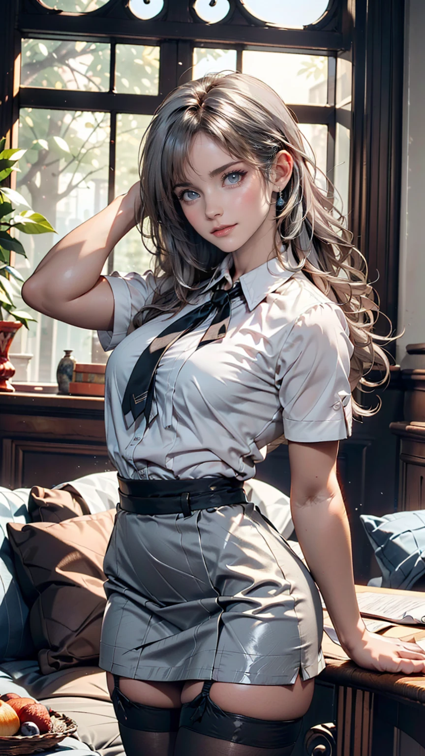 (((1 girl)),Ray Tracing,(Dim lighting),[Detailed Background (living room)),((Silver Hair)),(Silver Hair)),((Fluffy Silver Hair, Plump and slim girls)) Raised ponytail))) Avoid golden eyes in the ominous living room ((((The girl is wearing a white opaque shirt, Black wrinkled skirt and black transparent stockings), Showing off a delicate, slender figure and graceful curves, Correct limbs, Put your hands behind your head, Put your hands behind your head, Put your hands behind your head , Eye details, Beautiful Eyes, Delicate eyes, blue eyes