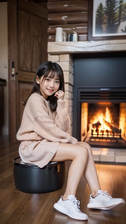 (((-yeld gi)), (((inside cabin at night))), (((warming herself by fireplace))), Japanese, cute, dark, bobbed hair, (((staring blankly at fireplace))), straight face, trainers and mini skirt, sitting in front of fireplace, fireplace fire illuminates girl's face, movie scene, high resolution, high detail, details, masterpiece, best quality, awards, highest resolution, realistic, raw photos, 8K wallpaper