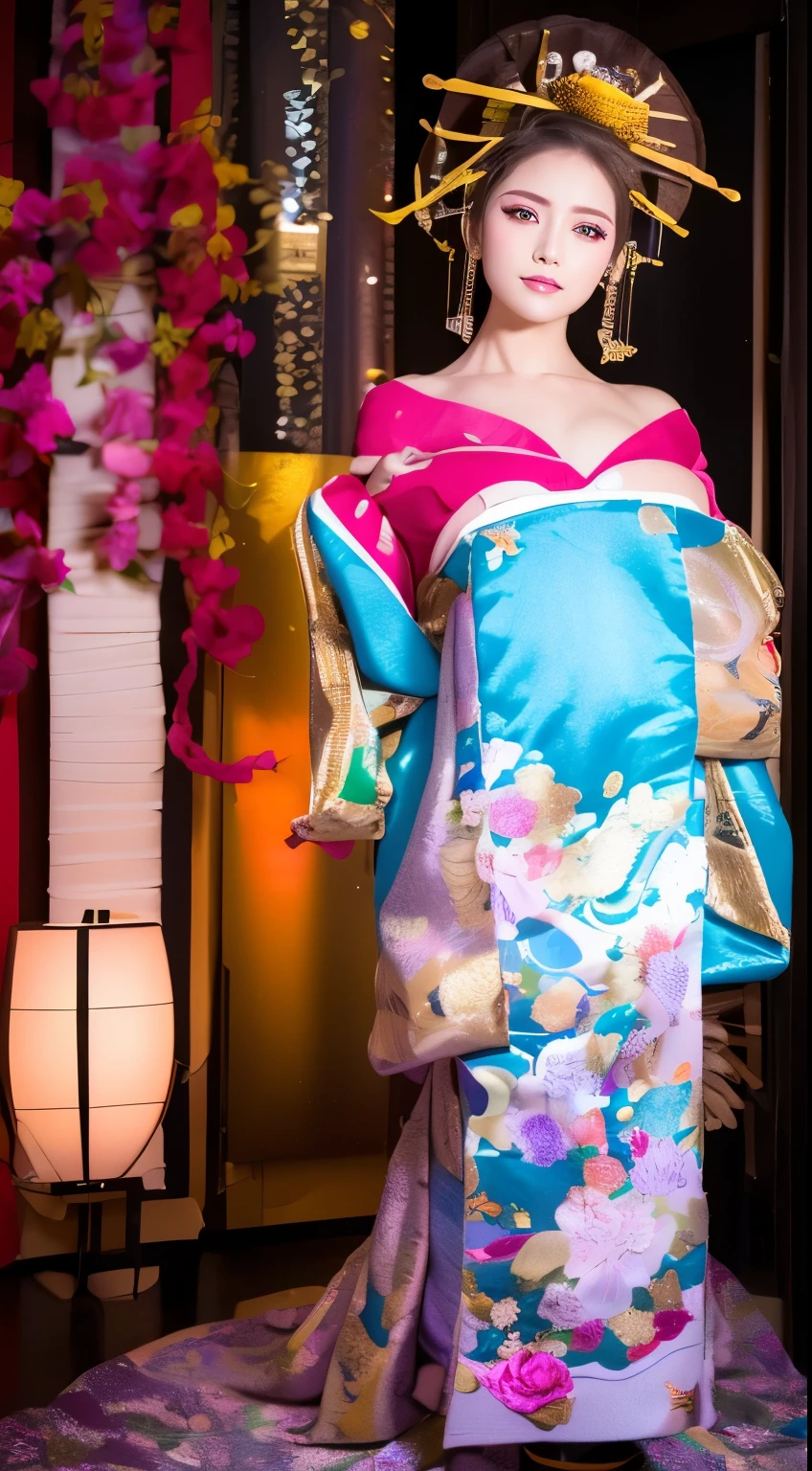 ((masterpiece(:1.4),Highest quality,Ultra-high resolution,Highest quality,8k,Extremely detailed,In detail))。night,Japanese,(A beautiful woman),glossy,slim,Large Breasts(1.6),sexy,glamorous,Golden Ratio Style,Perfect Style,White powder applied to face and neck,Flashy gal makeup,Red light district,Bedroom,Oiran,Prostitute,Sunny day outfit,Uchikake,Gold brocade,((A gorgeous kimono)),A cutting board belt tied in front,Hair tying,hairpin,hair ornaments,Gorgeous costumes,Beautiful standing posture,Presence,Exude sex appeal,