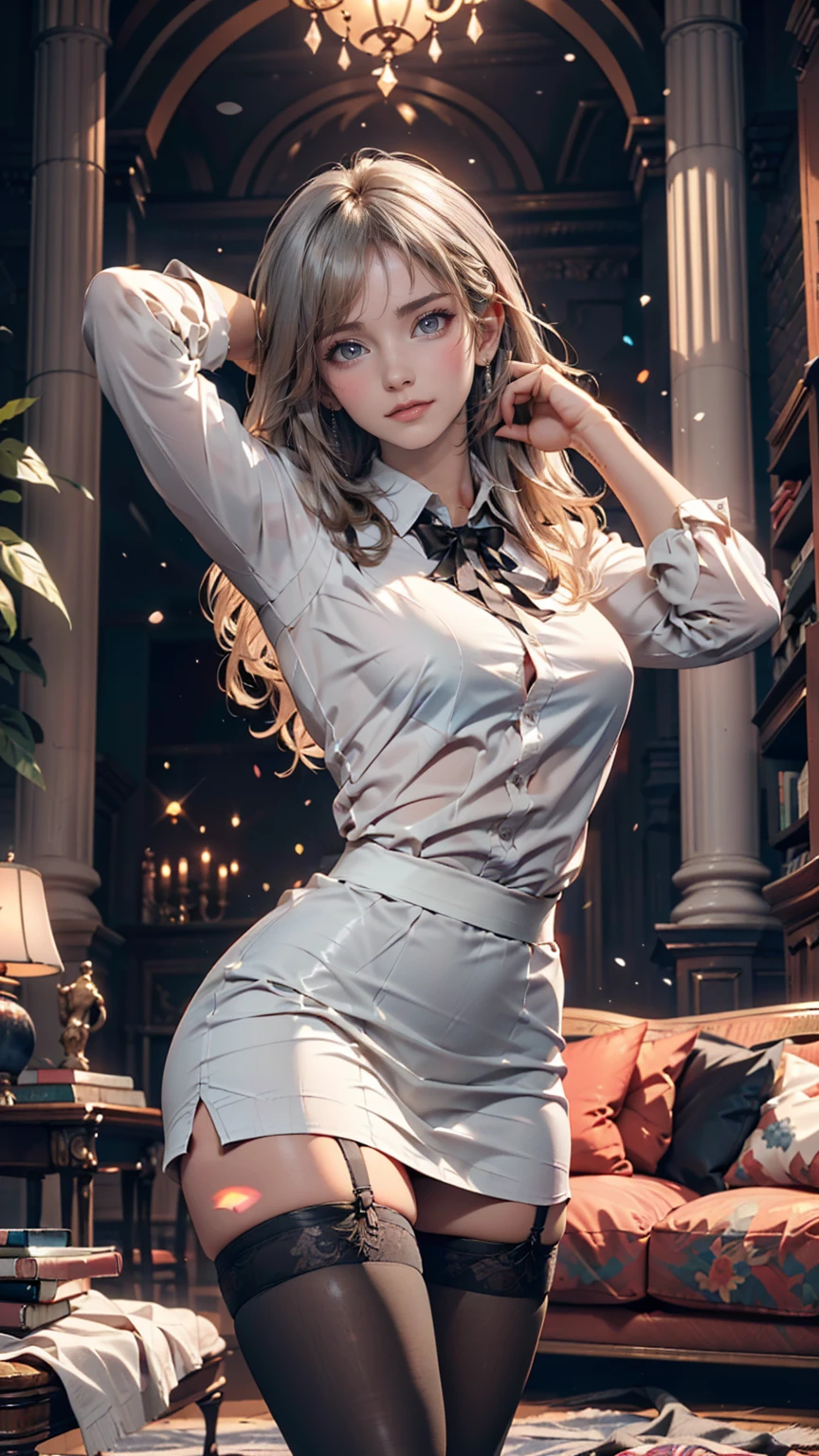 ((((masterpiece, best quality, high resolution)))), full body,Extremely detailed 8K, Beautiful girl with slender body, e-girl, (Ultra HD, Ultra-detailed, Highly detailed, Highly realistic, Ultra-realistic, photograph realistic), (1girl:1.5), (Realistic blonde hair with dark roots), wavy hair, boho bob cut,(dark makeup, pink eyeshadow), facing at camera, light smile, (white and gold outfit, see through clothes, wet skin). (space cruise)
