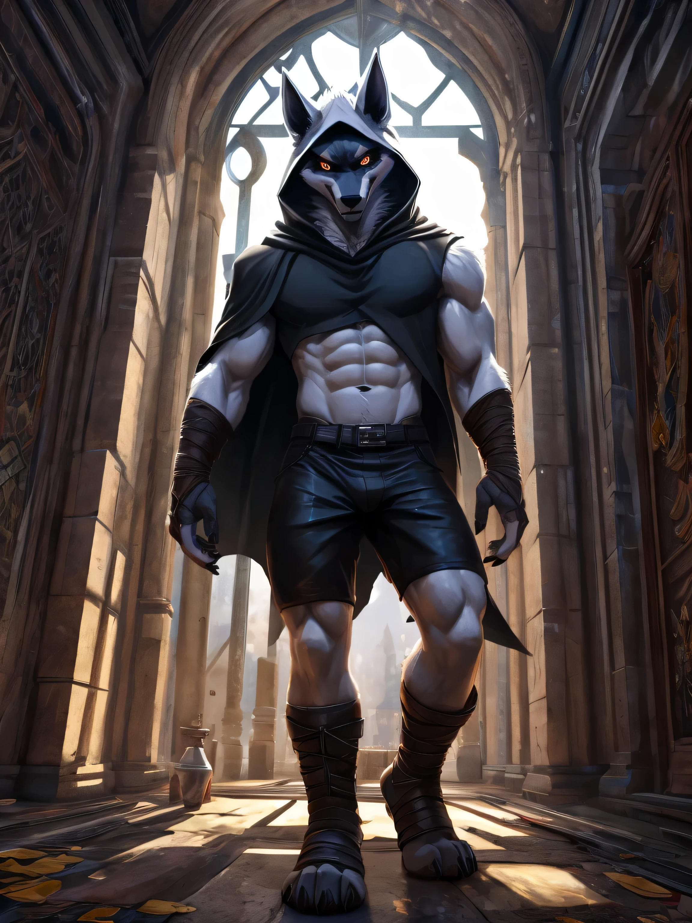 deathwolf (puss in boots, the last wish), anthro with white fur, sleeveless shirt, bare abs, tight shorts, black shorts, golden-eyes, full body, proportional limbs, proportional hands, 5 fingers, proportional paws, 4 toes, black pawpads, black claws, proportional claws, standing in front of a window (best quality, 4k, 8k, highres, masterpiece:1.2), ultra-detailed, HDR, UHD, ultra-fine painting, sharp focus, professional, vivid colors