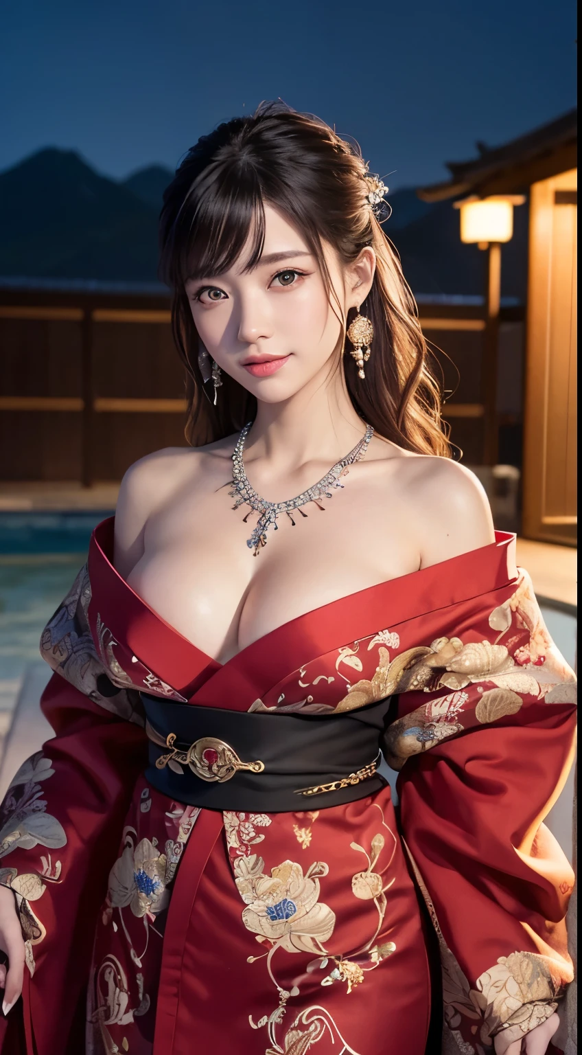 8K Ultra HD, Digital SLR,Film Grain, Fujifilm XT3,(Highest quality:1.3), (masterpiece:1.1), High resolution, Cinematic Light, Intricate details, (Realistic) (Night view) Realistic backlight、ドラマチックなredトーンの光、Beautiful Japanese Geisha full body photo, ((Facial texture Pore details)), Grin、悪魔のようなsmile, Simple messy hairstyle, 伝統的な龍のモチーフが描かれたサテンの黒いkimonoを着て, Open shoulders, Colorful dragon tattoos all over the body, Long blade, Inside a traditional villa,White-hilted Japanese sword, 8k, Front blur,Ultra HD, Digital SLR,Film Grain, Fujifilm(8k, Highest quality, masterpiece:1,2), (Realistic, Realistic:1.37), Very detailed, One Girl,), (Very detailed), (Detailed and beautiful eyes), (Highest qualityの), (Very detailed ), (masterpiece), (Detailed face),woman((19 years old)), hair((red, Wavy, length)), eye ((red eye, big eye)), Clothes((kimono,big slit, redい花柄)), accessories ((Earrings, necklace)), Huge , big , smile, background,長いhair,Red Clothes,Cowboy Shot