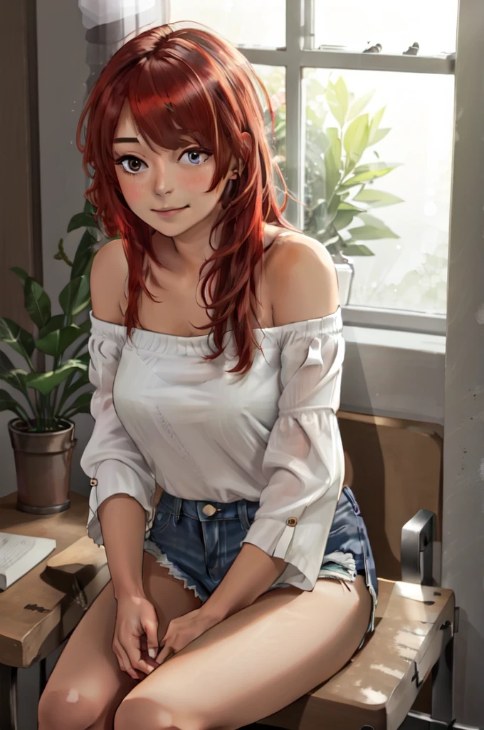 Create a digital painting of a young woman with long, flowing hair, sitting by a sunlit window. She is wearing a casual outfit with a red off-the-shoulder top and denim shorts. The soft sunlight filters through the window, casting a warm and gentle glow on her face and hair. The background is filled with lush greenery outside the window, adding to the serene and tranquil atmosphere. The woman has a slight smile and a relaxed, yet confident posture."