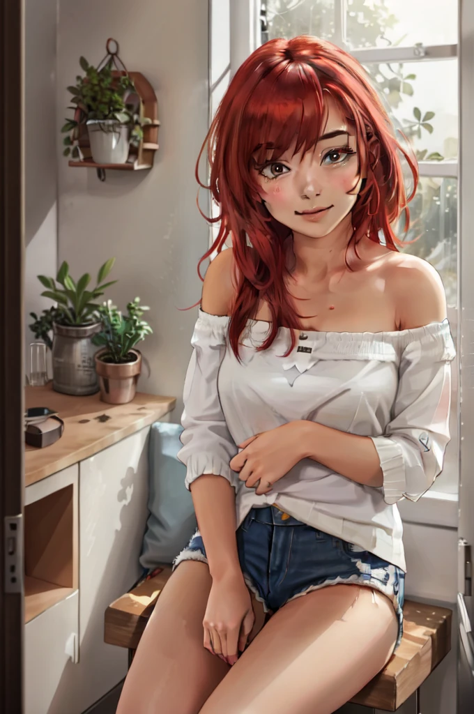 Create a digital painting of a young woman with long, flowing hair, sitting by a sunlit window. She is wearing a casual outfit with a red off-the-shoulder top and denim shorts. The soft sunlight filters through the window, casting a warm and gentle glow on her face and hair. The background is filled with lush greenery outside the window, adding to the serene and tranquil atmosphere. The woman has a slight smile and a relaxed, yet confident posture."