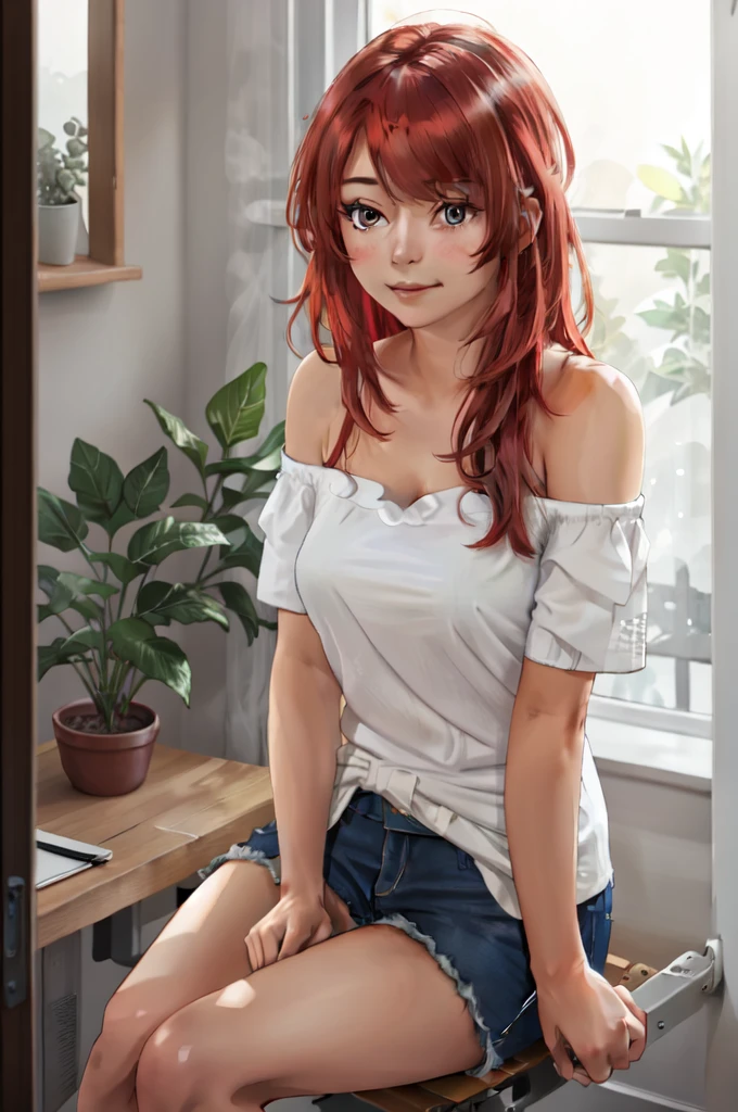 Create a digital painting of a young woman with long, flowing hair, sitting by a sunlit window. She is wearing a casual outfit with a red off-the-shoulder top and denim shorts. The soft sunlight filters through the window, casting a warm and gentle glow on her face and hair. The background is filled with lush greenery outside the window, adding to the serene and tranquil atmosphere. The woman has a slight smile and a relaxed, yet confident posture."