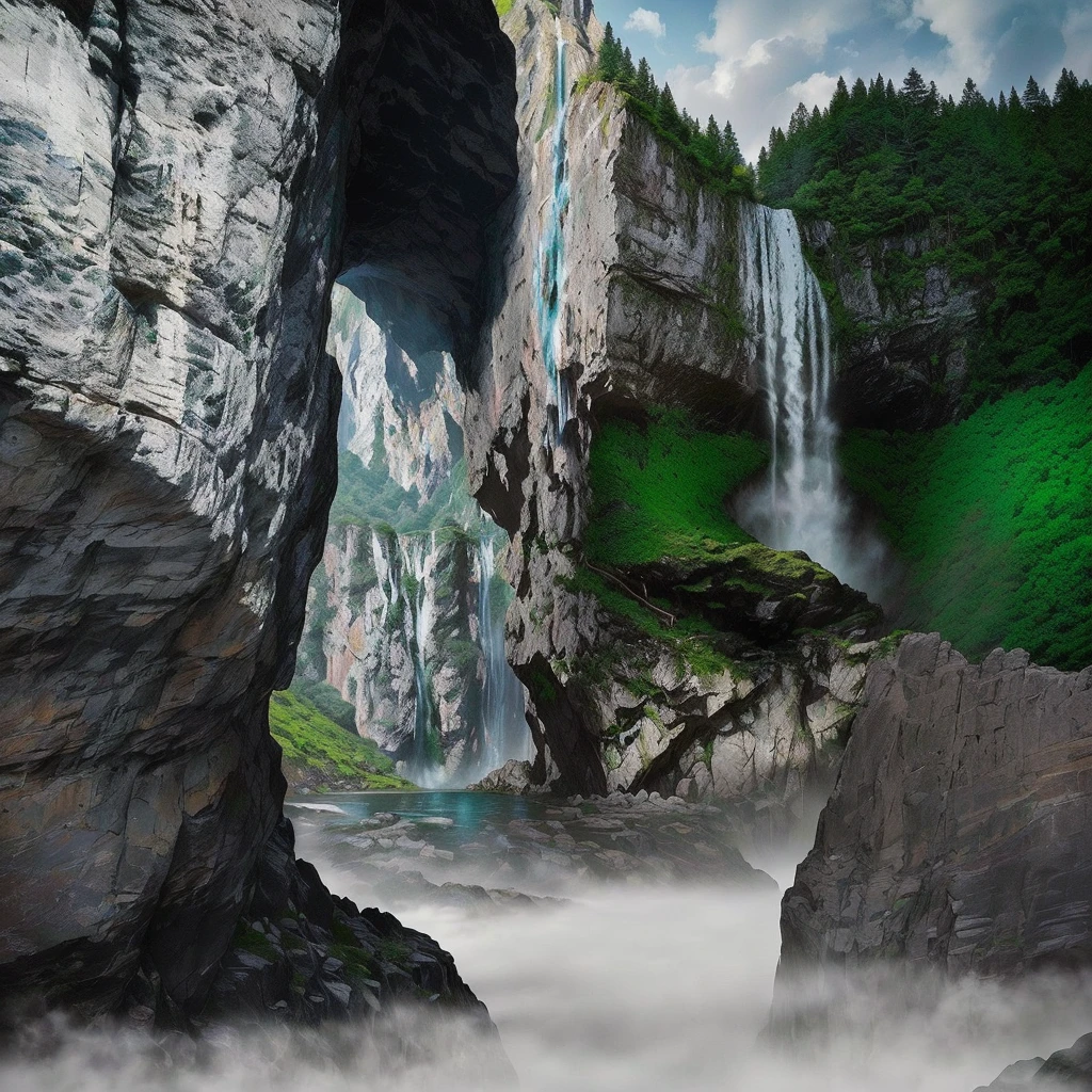 there is a waterfall coming out of a cave in the mountains, cave with waterfall, waterfall cave, gorge in the mountain, in a cave with the waterfall, stunning nature in background, waterfalls in the background, majestic nature scenery, with waterfalls and river, waterfall flowing from the stone, waterfall in the background, forest and waterfall, waterfall backdrop, ancient monument waterfall