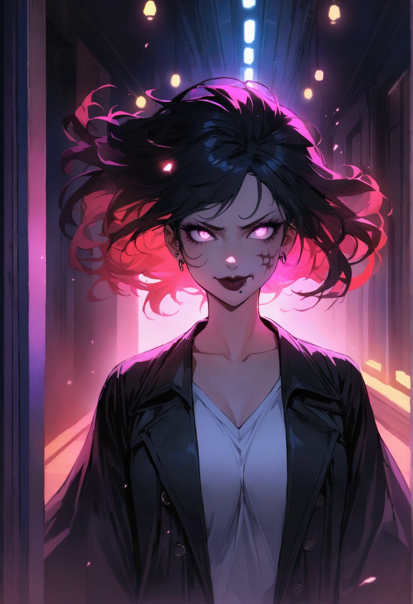 white shirt (((masterpiece, highest quality)), (anime women), demon women, (demon eyes) (building corridor), cinematic lighting (best quality:1.2)detailed, lights, vivid colors,bokeh, angry looking face with smirk on mouth, piercing, ((piercing)), gaze, 4k, particles in the air, powers, amazing art work full of details, dynamic movement, (dark lips), scars,