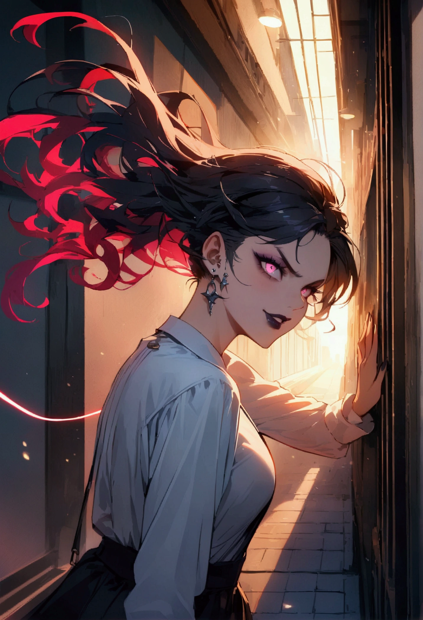 white shirt (((masterpiece, highest quality)), (anime women), demon women, (demon eyes) (building corridor), cinematic lighting (best quality:1.2)detailed, lights, vivid colors,bokeh, angry looking face with smirk on mouth, piercing, ((piercing)), gaze, 4k, particles in the air, powers, amazing art work full of details, dynamic movement, (dark lips), scars,