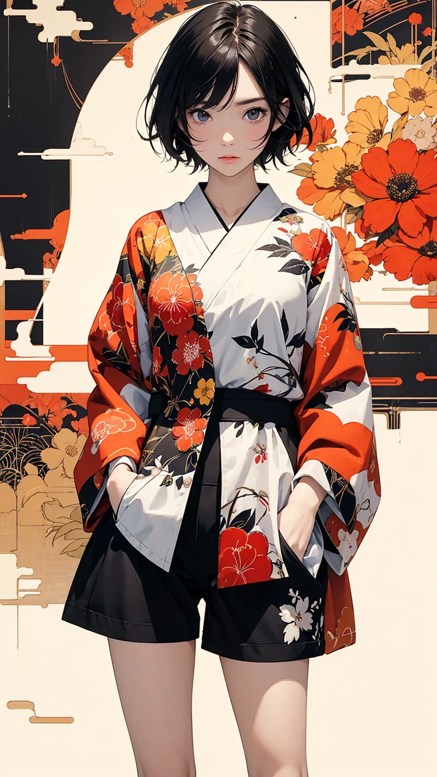 (masterpiece, High resolution, Highest quality), 20-year-old woman, Hands in pockets, Coordination of Japanese pattern jacket and micro mini shorts:1.2, Petal Collage, abstract design, artistic juxtapositions, And handle background, warm color, mixed-media approach, Anime Style, Simple lines, Digital Painting, 
