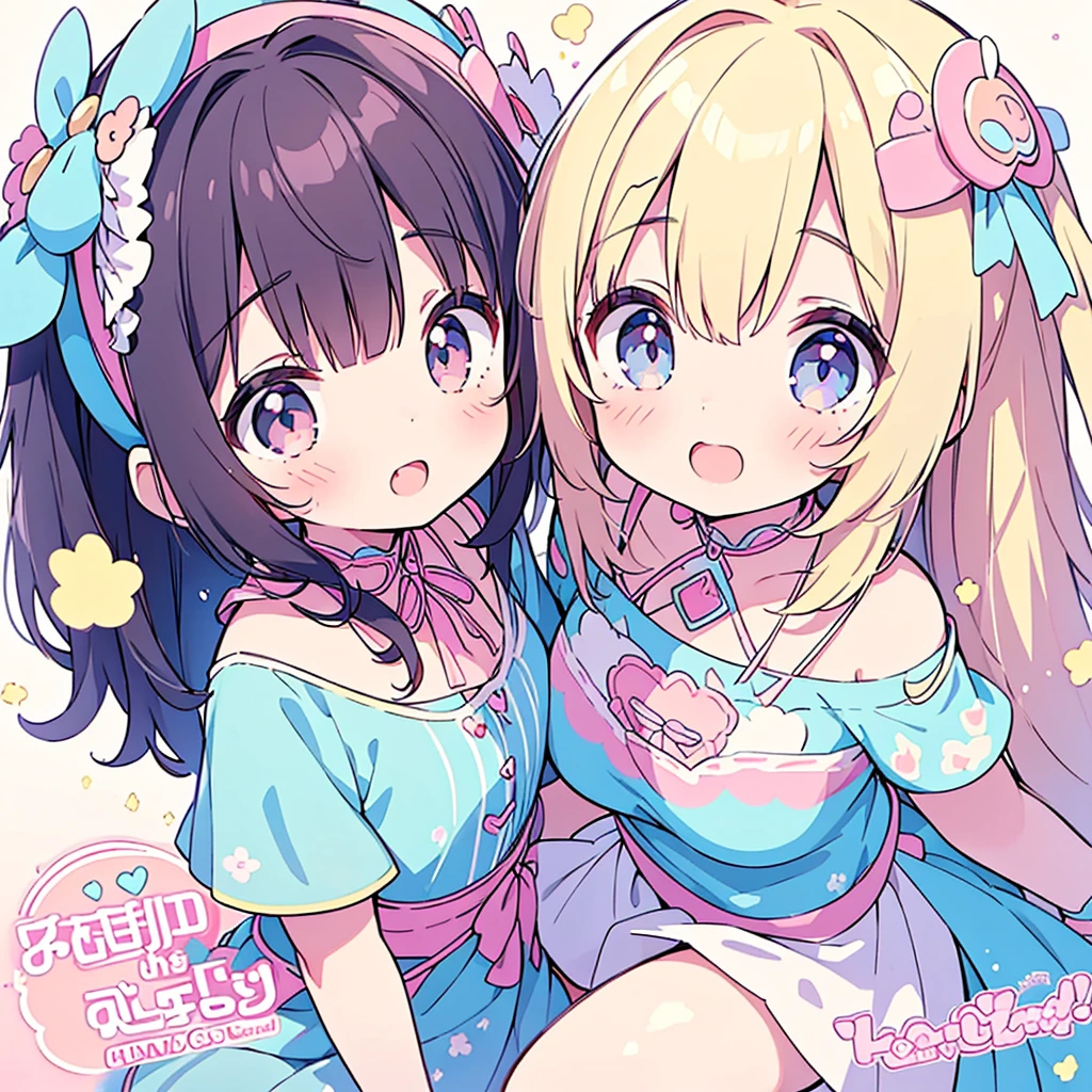 masterpiece, (2girls and 2girls and 2girls and 2girls), idol, closeup, big eyes, kawaiitech, kawaii, cute, pastel colors, best quality, happy, deep background, symmetrical, tilted head, spring, cover, title、cupidtech
