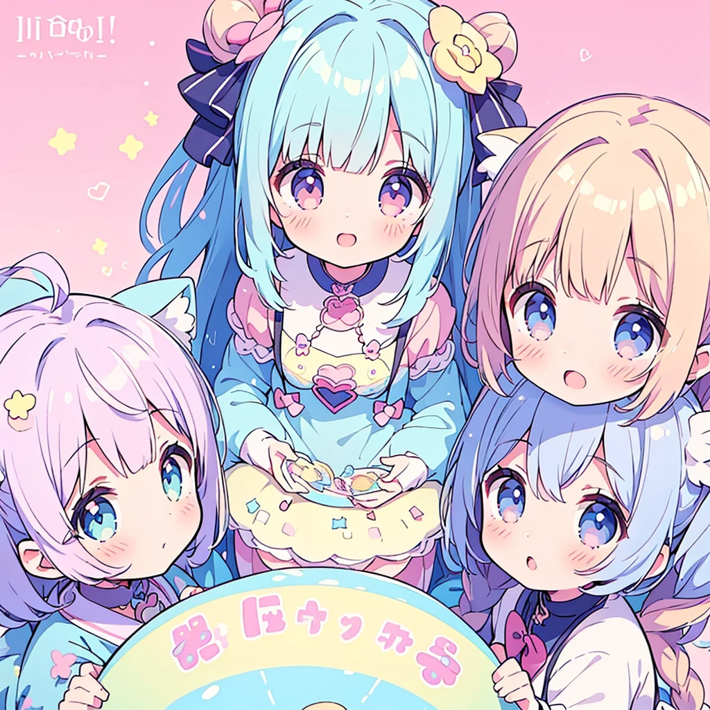 masterpiece, (2girls and 2girls and 2girls and 2girls), idol, closeup, big eyes, kawaiitech, kawaii, cute, pastel colors, best quality, happy, deep background, symmetrical, tilted head, spring, cover, title、cupidtech
