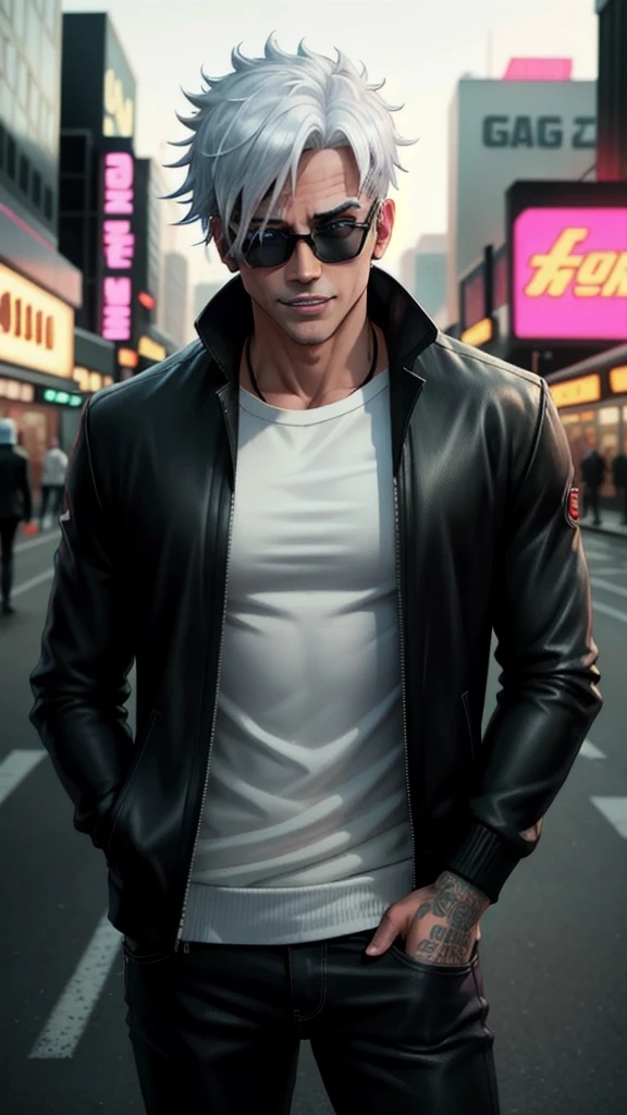 1boy, Gojo, a man with white hair and black round sunglasses, posing for a picture, black business suit, black tie, blue eyes, smirking, teeth visible, cowboy shot, in a Grand Theft Auto VI (GTA VI) style. Gojo should retain his iconic white hair and blindfold, but be dressed in modern urban clothing, such as a sleek leather jacket, fitted jeans, and high-top sneakers. Place him in a dynamic city environment with neon lights, graffiti, and bustling streets typical of GTA VI. The overall composition should capture the edgy and vibrant atmosphere of the game, with bold colors, dramatic lighting, and realistic textures, highlighting Gojo's confident and charismatic personality.
