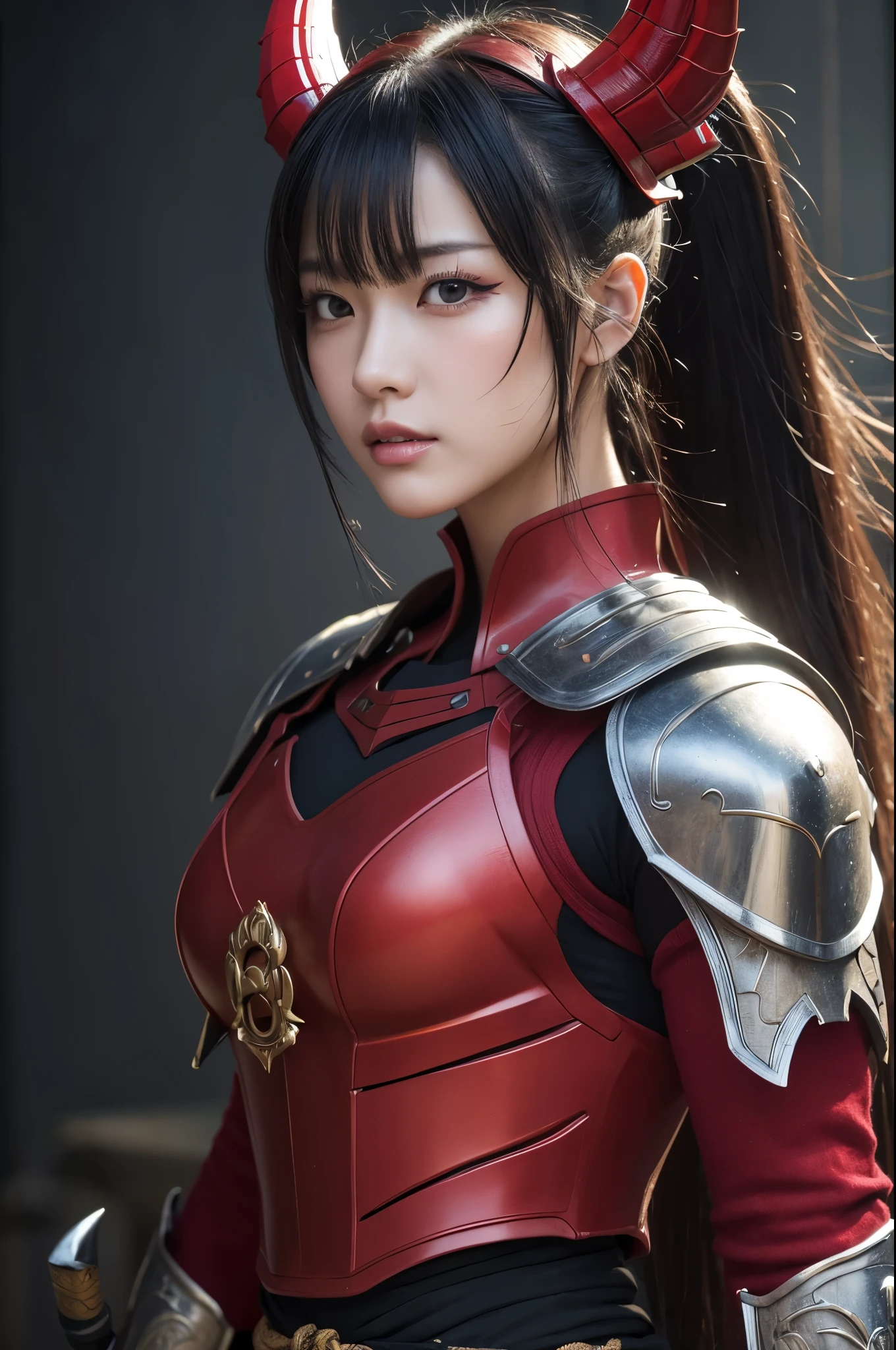 8k,(Samurai)、Devil Mask、Super Beauty(Like the real thing)、Red Armor Solo Adult Devil Woman、Muscular macho body type,Super Muscular Beauty,Bodybuilding,(Equipped with a long and large spear)、Mature Woman Big Woman Devil。Sturdy jaw(Like the real thing),Stand facing forward,Demon Armor,A wonderful work of art,((Kyoto Panel Style))、Wind effects:1.9、Cloud effect:1.2、Full Rendering,Devil makeup,masterpiece,Photorealistic RAW photos of the highest quality。Bright colors,Rich colors, Backlight, Cinema Lighting, Film Grain, 50mm lens, Nikon D850,Ultra-Realistic Skin,Fantasy art,Character Art,Ultra-high resolution,Realistic scale skins,Perfect hand shape,View your viewers,View your viewers,Top-down view,close,Uplifting,Dynamic fighting pose,