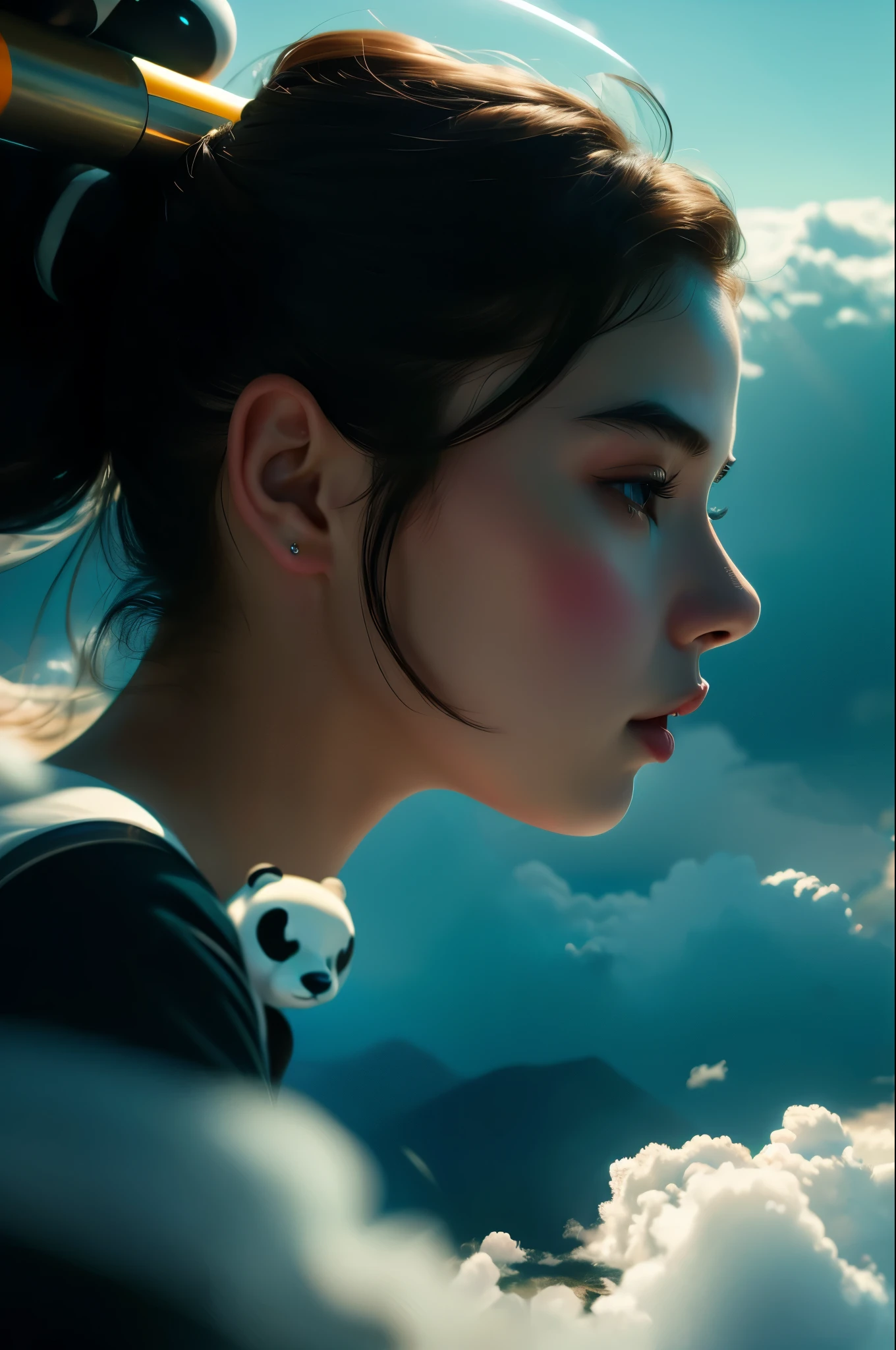work of art, Maximum quality, cinematic photos, gorgeous a girl, Floating in the sky, cloud woman, clouds, (close up: 1.1), Ablaze, glad, fun, soft lighting, (Bauhaus, forma, Line, abstrato: 1.1), panda ears