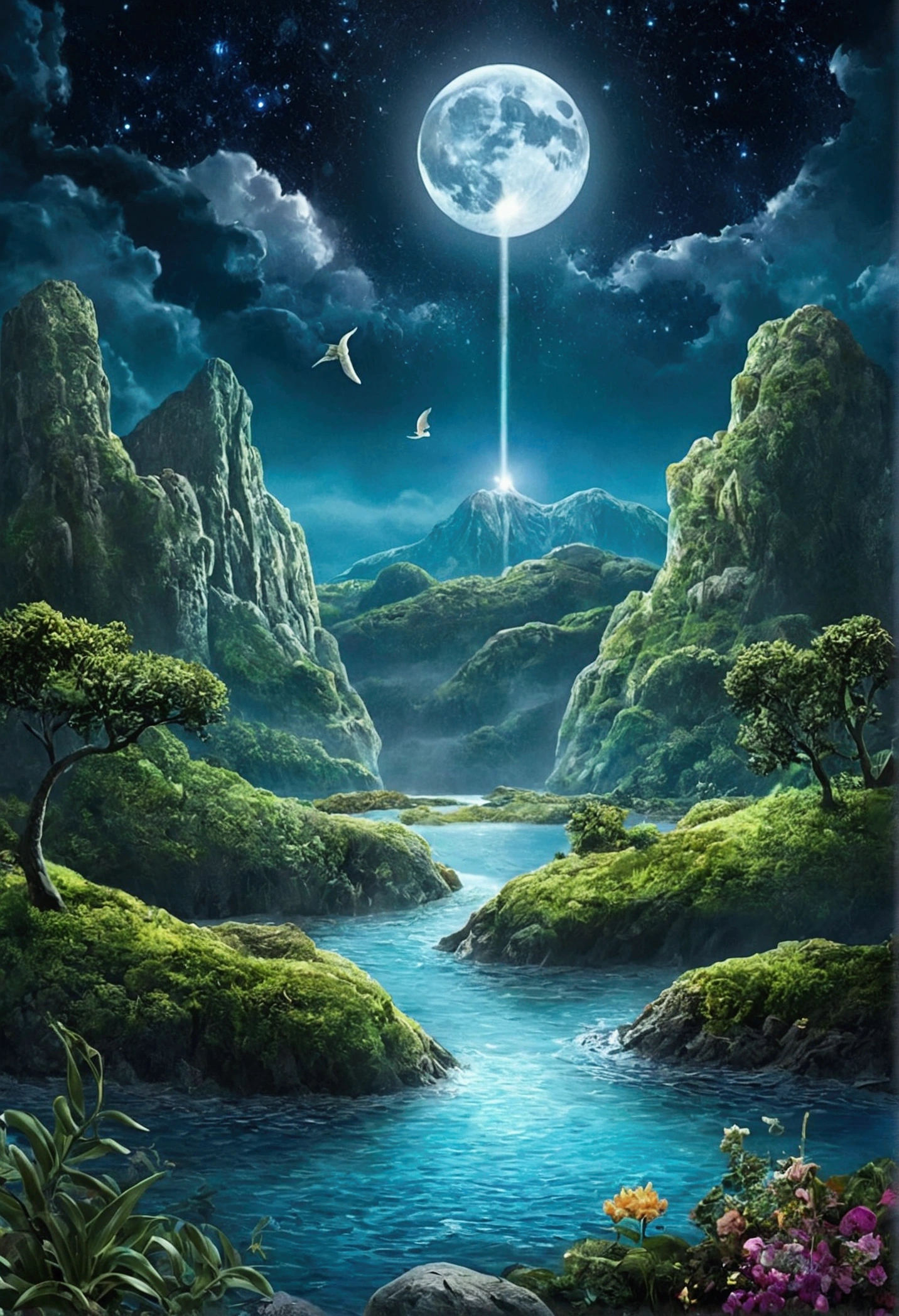 "Visually express the moment of creation in Genesis chapter 1.. In the center of the screen, draw a scene where God creates light with his words.. It emphasizes how light flashes and cuts through the darkness in the dark chaos.. Please include a scene at the top where the sky is divided between water and water.. In the middle, draw a scene showing exposed land and growing plants.. On the right side of the screen, moon, Draw a scene where stars are created, Please also add scenes featuring birds in the sky and creatures in the sea.. finally, The scene where land animals and humans are created is placed at the bottom of the screen., Please complete the scene where God looks at all creation and says, ‘It was good.’. The overall style has a sacred and wonderful atmosphere., Give it a mythological feel by emphasizing the importance of each creation.."