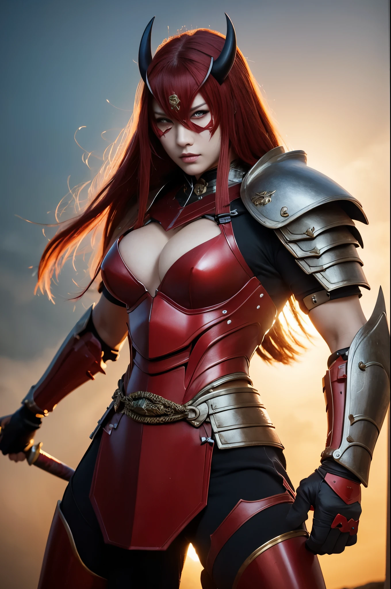 8k,(Samurai)、Devil Mask、Super Beauty(Like the real thing)、Red Armor Solo Adult Devil Woman、Muscular macho body type,Super Muscular Beauty,Bodybuilding,(Equipped with a long and large spear)、Mature Woman Big Woman Devil。Sturdy jaw(Like the real thing),Stand facing forward,Demon Armor,A wonderful work of art,((Kyoto Panel Style))、Wind effects:1.9、Cloud effect:1.2、Full Rendering,Devil makeup,masterpiece,Photorealistic RAW photos of the highest quality。Bright colors,Rich colors, Backlight, Cinema Lighting, Film Grain, 50mm lens, Nikon D850,Ultra-Realistic Skin,Fantasy art,Character Art,Ultra-high resolution,Realistic scale skins,Perfect hand shape,View your viewers,View your viewers,Top-down view,close,Uplifting,Dynamic fighting pose,