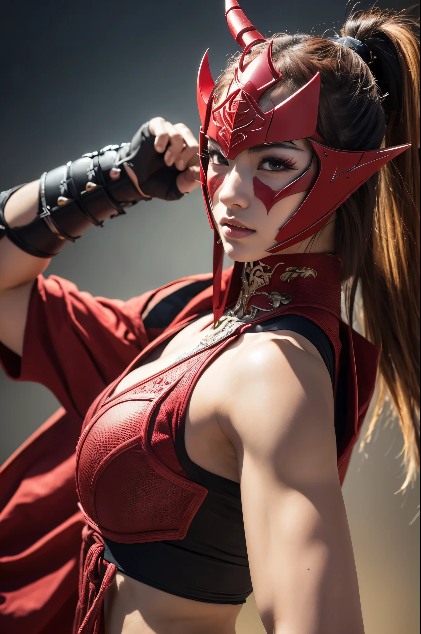 8k,(Samurai)、Devil Mask、Super Beauty(Like the real thing)、Red Armor Solo Adult Devil Woman、Muscular macho body type,Super Muscular Beauty,Bodybuilding,(Equipped with a long and large spear)、Mature Woman Big Woman Devil。Sturdy jaw(Like the real thing),Stand facing forward,Demon Armor,A wonderful work of art,((Kyoto Panel Style))、Wind effects:1.9、Cloud effect:1.2、Full Rendering,Devil makeup,masterpiece,Photorealistic RAW photos of the highest quality。Bright colors,Rich colors, Backlight, Cinema Lighting, Film Grain, 50mm lens, Nikon D850,Ultra-Realistic Skin,Fantasy art,Character Art,Ultra-high resolution,Realistic scale skins,Perfect hand shape,View your viewers,View your viewers,Top-down view,close,Uplifting,Dynamic fighting pose,