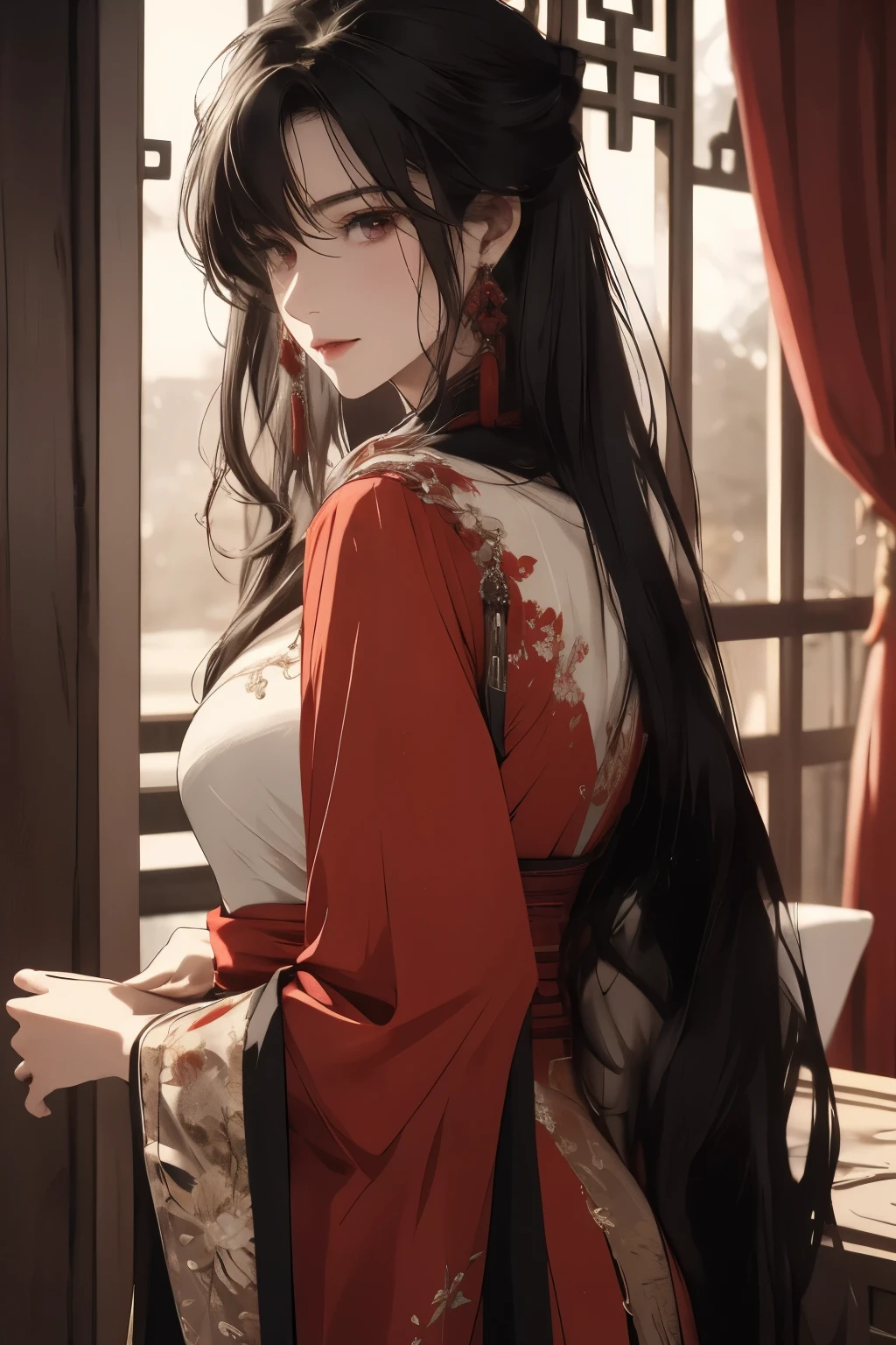 ((best quality)), ((masterpiece)), (detailed), Photorealistic, high resolution, mature woman, Hips up, Beautiful eyes, , Red eyes, jewelry, Hanfu, Chinese fairy, Taoist uniform, เสื้อผ้าขนาดใหญ่, Curtain Bangs, white hair, หน้าอกใหญ่, HDR (high dynamic range), After processing, Anisotropic filtration,depth of field, Maximum clarity and clarity, multi-layered surface, perfect proportions, 8K raw files, กระโปรงสั้น, natural lighting, soft lighting, sunlight, night life