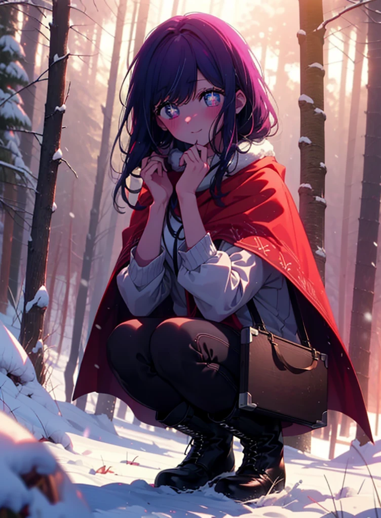 aihoshino, Ai Hoshino, Long Hair, bangs, (Purple eyes:1.1), Purple Hair, (Symbol-shaped pupil:1.5), smile,,smile,blush,white breath,
Open your mouth,snow,Ground bonfire, Outdoor, boots, snowing, From the side, wood, suitcase, Cape, Blurred, , forest, White handbag, nature, Squat, Mouth closed, Cape, winter, Written boundary depth, Black shoes, red Cape break looking at viewer, Upper Body, whole body, break Outdoor, forest, nature, break (masterpiece:1.2), Highest quality, High resolution, unity 8k wallpaper, (shape:0.8), (Beautiful and beautiful eyes:1.6), Highly detailed face, Perfect lighting, Extremely detailed CG, (Perfect hands, Perfect Anatomy),