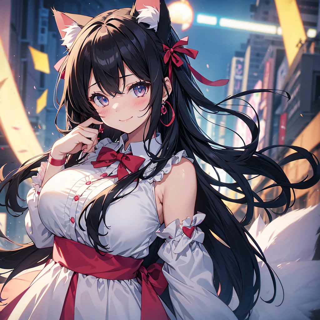 One girl, Large Breasts, smile, ribbon hair accessories, Anime Style, Cat ear, Blushing, Genki Earrings, Droopy eyes, Black Hair, Long Hair, Beautiful