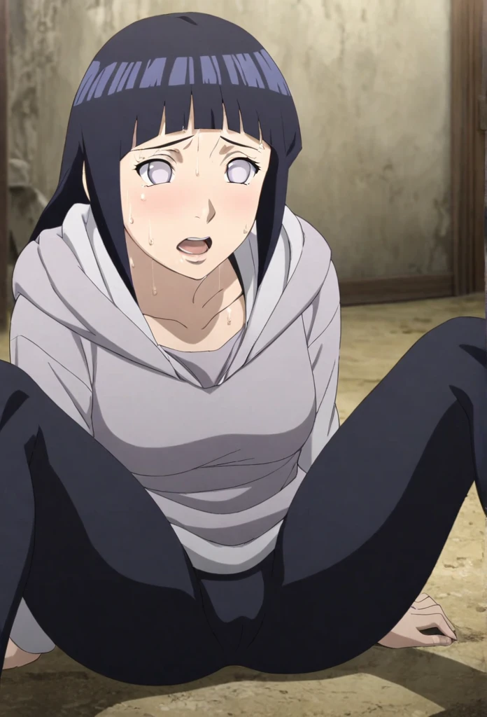 Hinata Hyuga, white underwear, feet up, spreading legs, wearing black boots