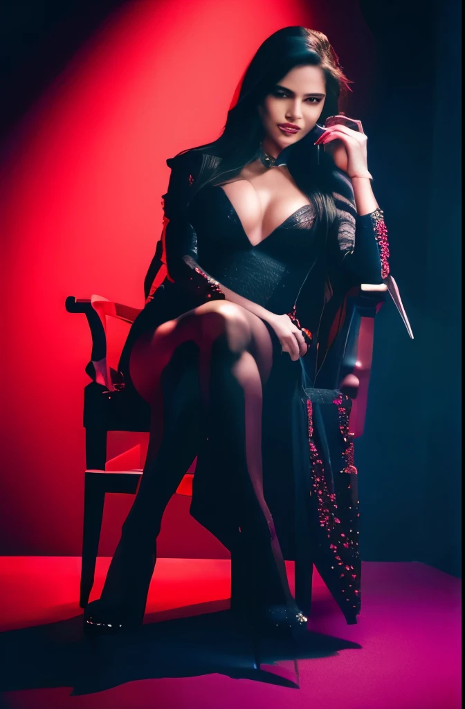 (Highest quality,Very detailed,Realistic:1.37),Beautiful girl with a devilish smile, Wearing stilettos, Holding an ice pick,figure,Sharp focus,Vibrant colors,Portraiture,Dark Color Palette,Dramatic lighting,