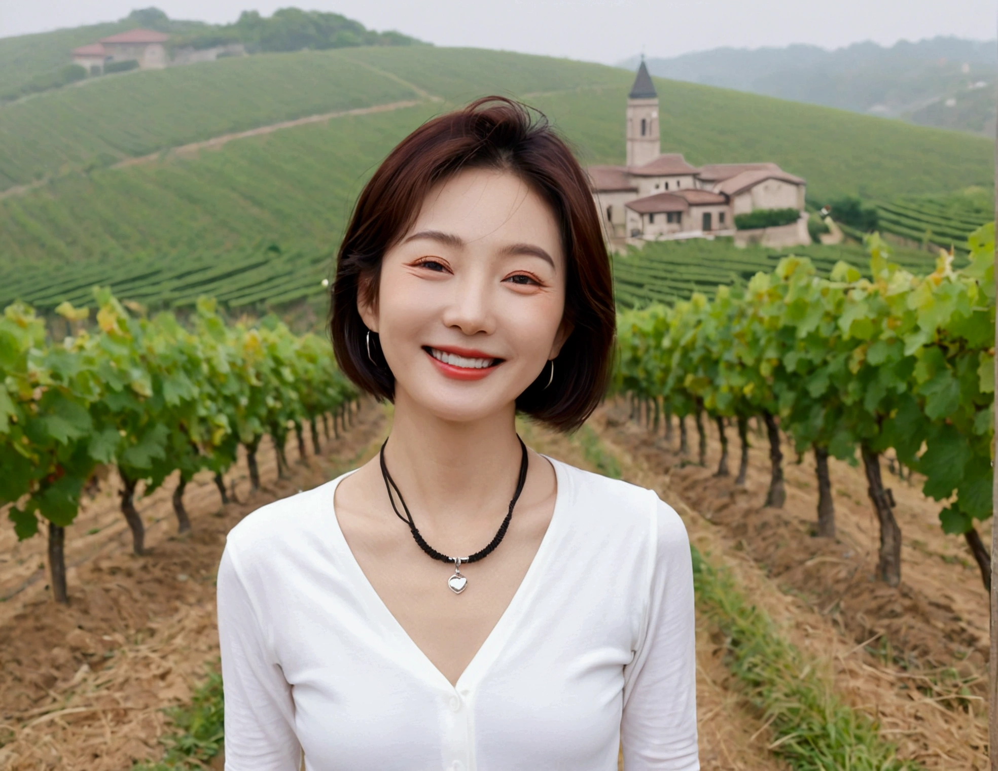 Italy foggy countryside dawn, Endless vineyards, A cathedral can be seen far away in the fog.. 50대 한국 여자 Wrinkles around the eyes, Wearing a short cardigan over a luxury brand white T-shirt, casual pants, Korean woman with beautiful short medium bob hair, Standing on a path on top of a vineyard hill, Beautiful Korean woman with bright and clear skin, The neck line is clean and beautiful.. Stunning Korean woman smiling, standing in the vineyard, small black string necklace, 1 woman, Wrinkles around the eyes, Woman in her 50s