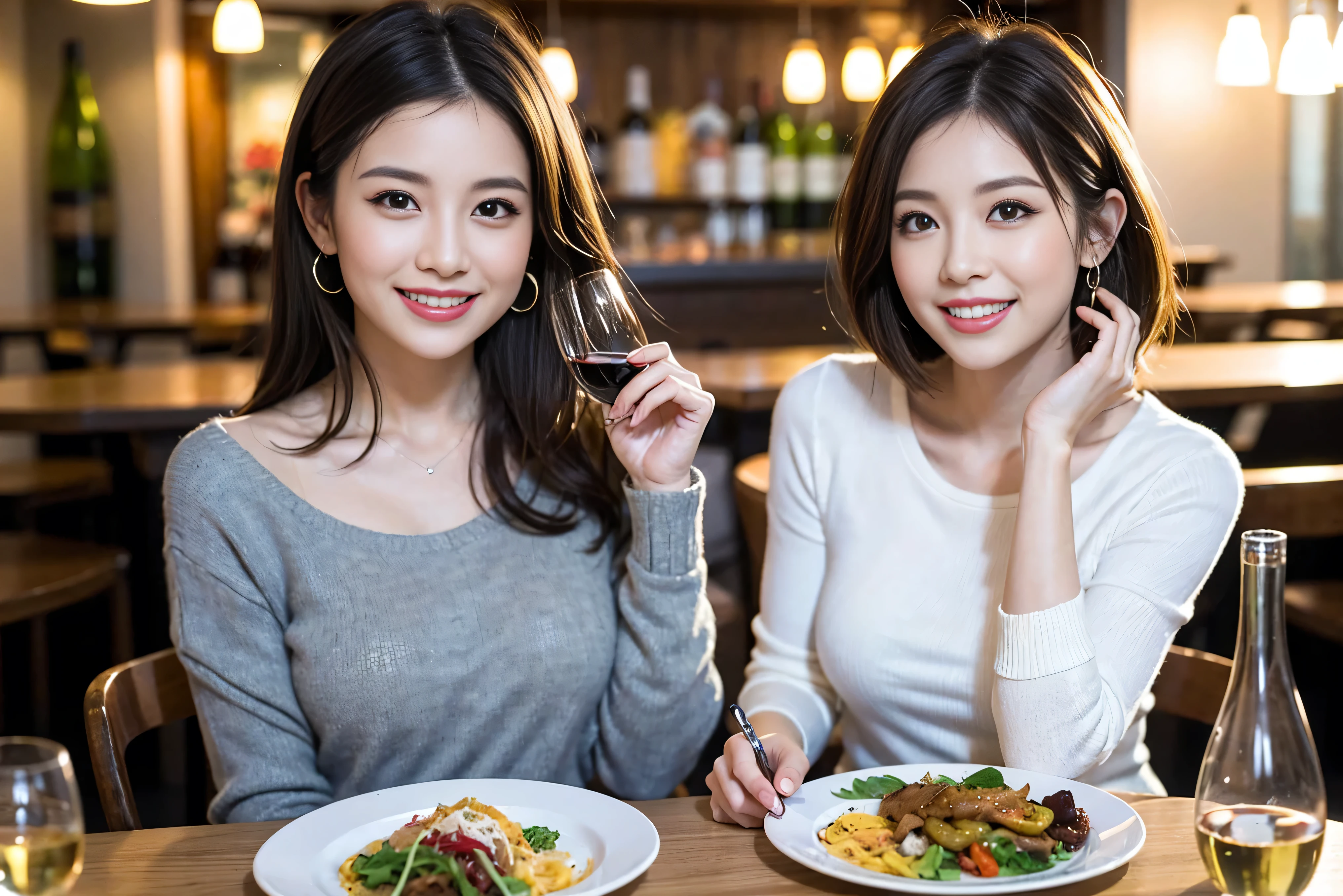 (Realistic:1.1),(masterpiece,Highest quality),8k,(49 years old), 53 years old, ベリーslimボディ、slimカップル、Tight waist,Upper Body,full-course dinner、wine 、Amazing view of the sunset sky and clouds、Perfect Anatomy, Brown Hair, short hair,Random Hairstyles,((Highly detailed face and eyes:1.2)),Perfect golden ratio face,Long sleeve shirt、dress,(smile:1.2)、Shortcuts、cute、(Realistic, Intricate details:1.2), A bright smile、short hair,Bright Face、赤wine 、Appetizers、Italian food、wine bottle、Champagne、スパークリングwine、(slimな顔), (The body is slim), (Brown Hair), (Shortcuts), Upper Body, 白wine, slim, wineグラス,