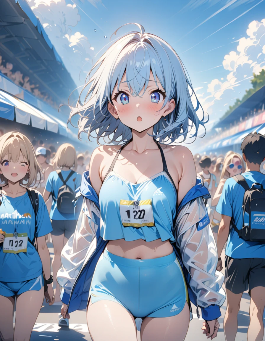 ,(anime)、(masterpiece:1.2),Light blue hair、blue sky、Midsummer、marathon、girl、cute