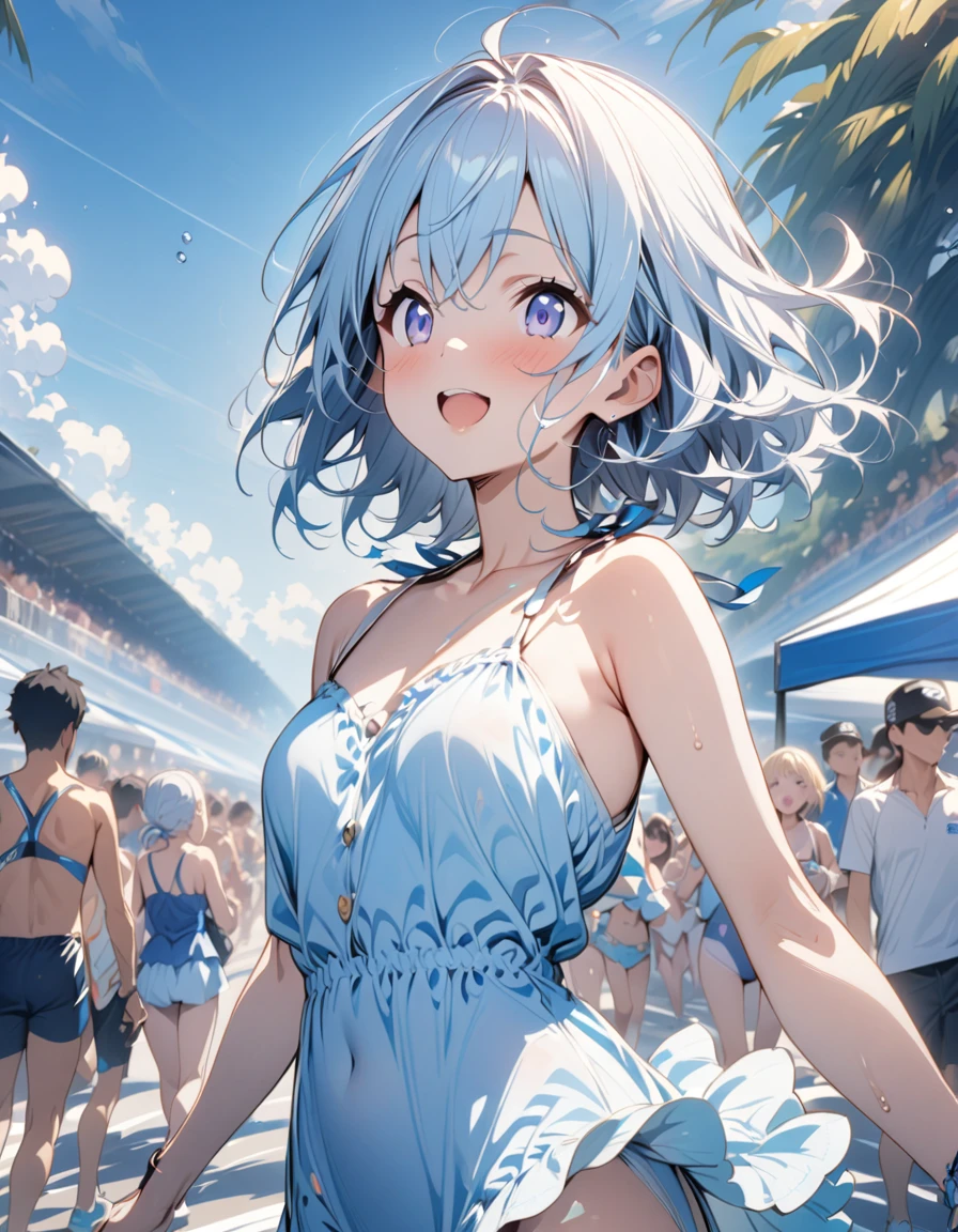 ,(anime)、(masterpiece:1.2),Light blue hair、blue sky、Midsummer、marathon、girl、cute