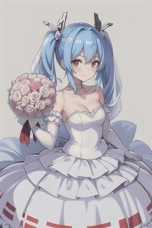 prinz eugen \(warship girls r\)，((Masterpiece)), (((Best quality))), ((Ultra-detailed)), ((illustration)), ((Disheveled hair)), ((frilld)), (1 girl), (Solo),  Bare shoulders ， Blue hair ， Bouquet ， choker necklace， clavicle ， Clothing ， dress ， Elbow gloves， Female ， flower ， frilld， Collection， mitts，  hair between eye， Headgear ， Holding， holding flower bouquet ， holding object ， Light smile， view the viewer， Red eyes， Short twin tails， No shoulder strap ， Strapless dress ， hair tying，  double tails， two hand ， (Wedding dress:1.2)， a white choker ， White dress， White gloves， a white choker ， white sash ，