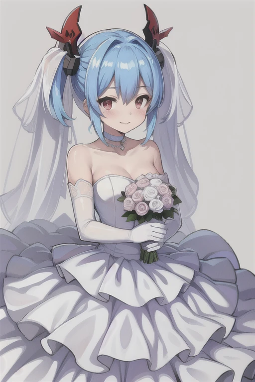 prinz eugen \(warship girls r\)，((Masterpiece)), (((Best quality))), ((Ultra-detailed)), ((illustration)), ((Disheveled hair)), ((frilld)), (1 girl), (Solo),  Bare shoulders ， Blue hair ， Bouquet ， choker necklace， clavicle ， Clothing ， dress ， Elbow gloves， Female ， flower ， frilld， Collection， mitts，  hair between eye， Headgear ， Holding， holding flower bouquet ， holding object ， Light smile， view the viewer， Red eyes， Short twin tails， No shoulder strap ， Strapless dress ， hair tying，  double tails， two hand ， (Wedding dress:1.2)， a white choker ， White dress， White gloves， a white choker ， white sash ，