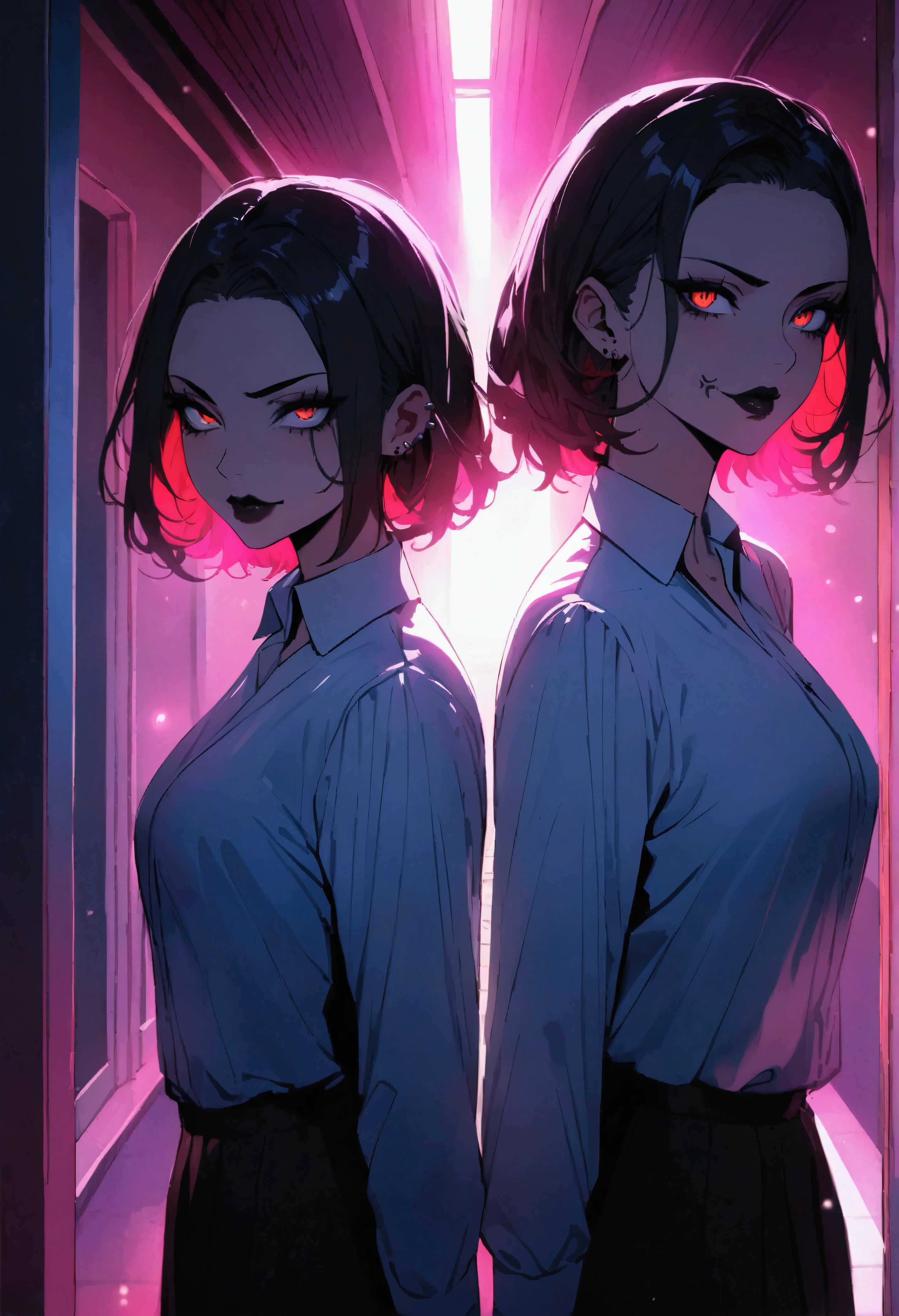 white shirt (((masterpiece, highest quality)), (anime women), demon women, (demon eyes) (building corridor), cinematic lighting (best quality:1.2)detailed, lights, vivid colors,bokeh, angry looking face with smirk on mouth, piercing, ((piercing)), gaze, 4k, particles in the air, powers, amazing art work full of details, dynamic movement, (dark lips), scars,