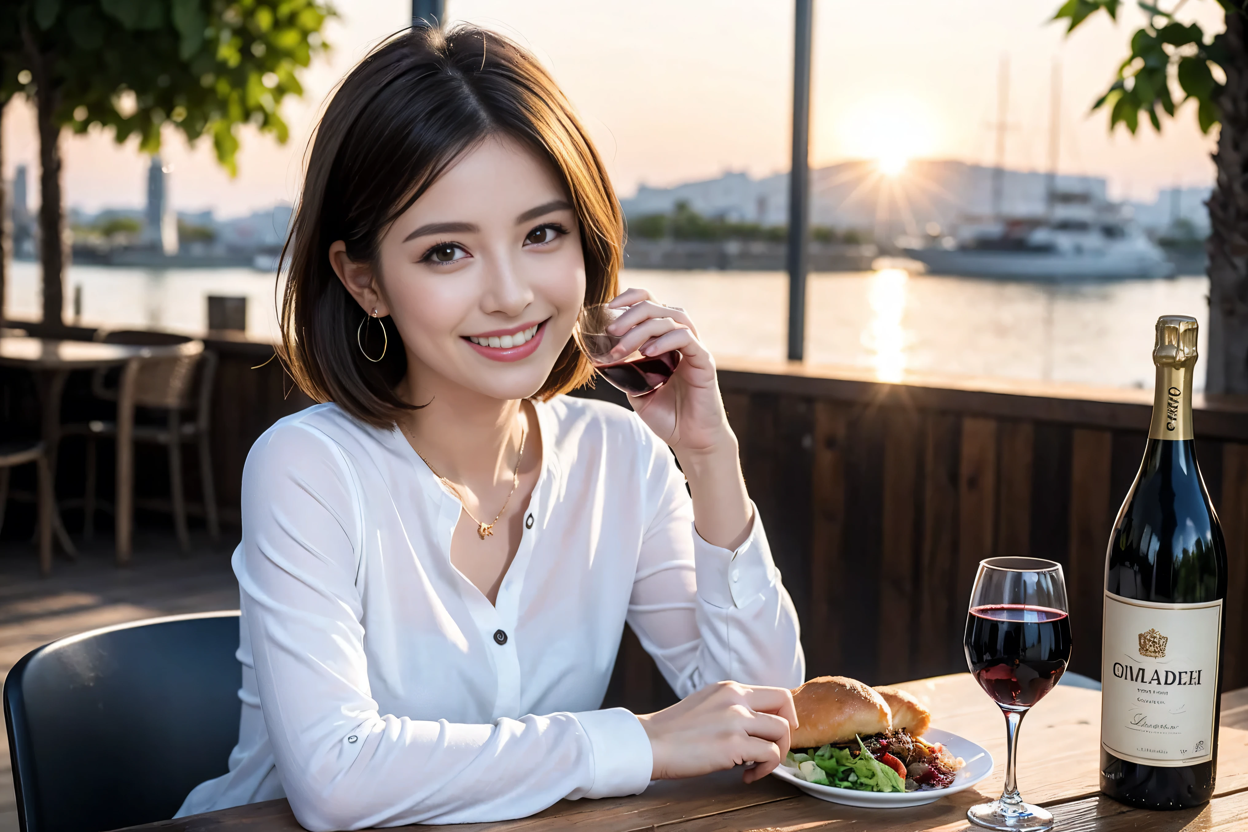 (Realistic:1.1),(masterpiece,Highest quality),8k,(49 years old), 53 years old, ベリーslimボディ、slimカップル、Tight waist,Upper Body,full-course dinner、wine 、Amazing view of the sunset sky and clouds、Perfect Anatomy, Brown Hair, short hair,Random Hairstyles,((Highly detailed face and eyes:1.2)),Perfect golden ratio face,Long sleeve shirt、dress,(smile:1.2)、Shortcuts、cute、(Realistic, Intricate details:1.2), A bright smile、short hair,Bright Face、赤wine 、Appetizers、Italian food、wine bottle、Champagne、スパークリングwine、(slimな顔), (The body is slim), (Brown Hair), (Shortcuts), Upper Body, 白wine, slim, wineグラス,