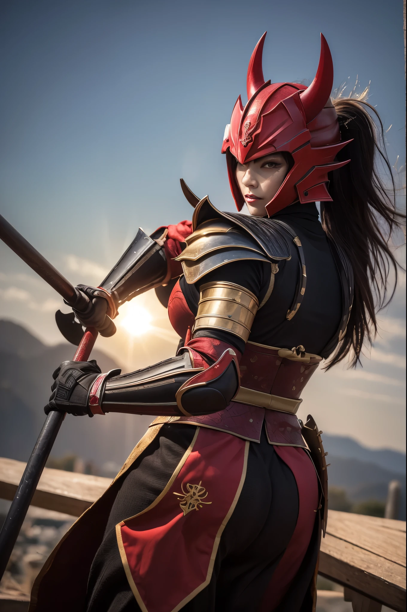 8k,(Samurai)、Devil Mask、Super Beauty(Like the real thing)、Red Armor Solo Adult Devil Woman、Muscular macho body type,Super Muscular Beauty,Bodybuilding,(Equipped with a long and large spear)、Mature Woman Big Woman Devil。Sturdy jaw(Like the real thing),Stand facing forward,Demon Armor,A wonderful work of art,((Kyoto Panel Style))、Wind effects:1.9、Cloud effect:1.2、Full Rendering,Devil makeup,masterpiece,Photorealistic RAW photos of the highest quality。Bright colors,Rich colors, Backlight, Cinema Lighting, Film Grain, 50mm lens, Nikon D850,Ultra-Realistic Skin,Fantasy art,Character Art,Ultra-high resolution,Realistic scale skins,Perfect hand shape,View your viewers,View your viewers,Top-down view,close,Uplifting,Dynamic fighting pose,