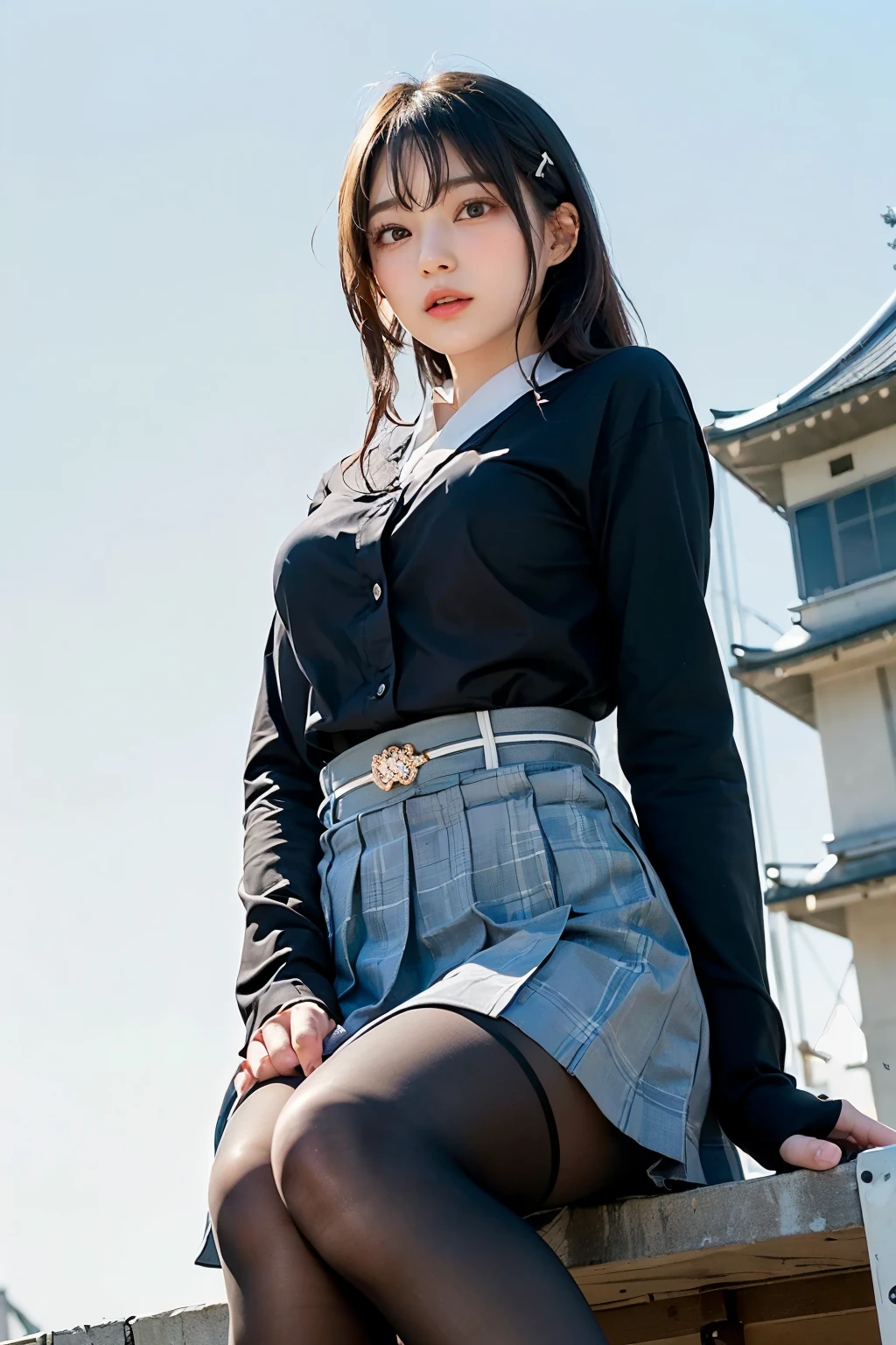 masterpiece, Bokeh, (Beautiful Face), (Detailed face), (Perfect hands), (Japanese Idols:1.6), (school uniform:1.3), (Ultra-realistic pantyhose:1.3), (Sit at the top of the tower:1.3),( Large bridge construction site:1.3), (Blushed:1.3), Working boots, (From below:1.5),