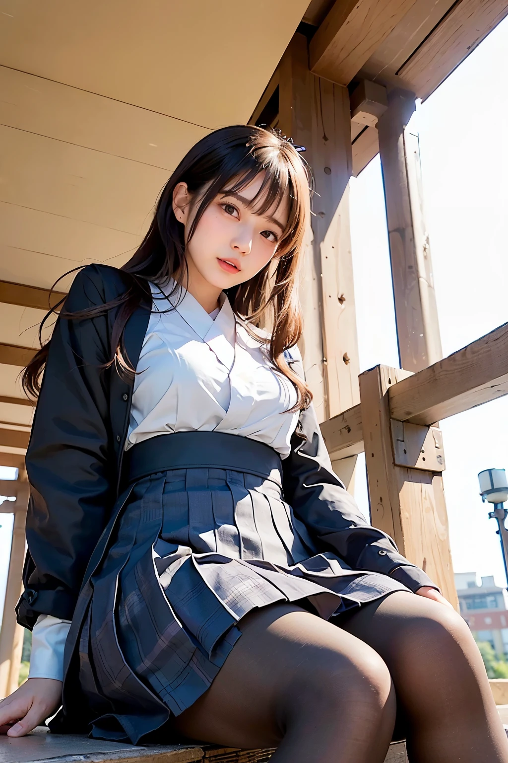 masterpiece, Bokeh, (Beautiful Face), (Detailed face), (Perfect hands), (Japanese Idols:1.6), (school uniform:1.3), (Ultra-realistic pantyhose:1.3), (Sit at the top of the tower:1.3),( Large bridge construction site:1.3), (Blushed:1.3), Working boots, (From below:1.5), 