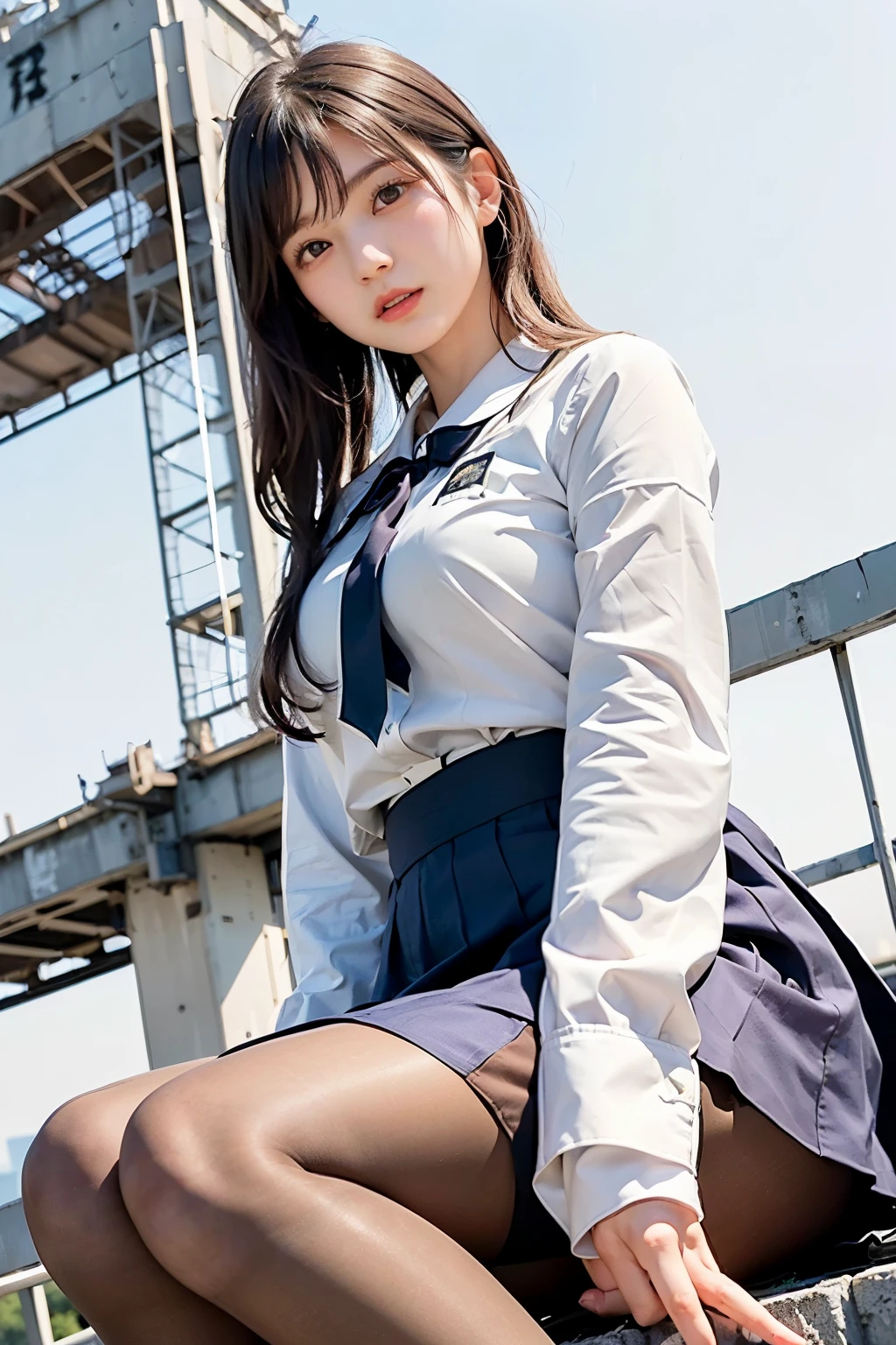 masterpiece, Bokeh, (Beautiful Face), (Detailed face), (Perfect hands), (Japanese Idols:1.6), (school uniform:1.3), (Ultra-realistic pantyhose:1.3), (Sit at the top of the tower:1.3),( Large bridge construction site:1.3), (Blushed:1.3), Working boots, (From below:1.5), 
