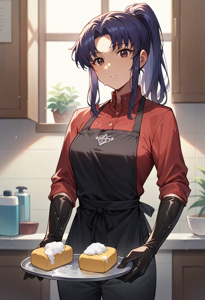 1girl, misato katsuragi, ponytail, ((blue half elbow gloves)), (red shirt), ((long sleeves)), (black apron), (pants), looking at viewer, clean a dishes, sponge, wet gloves, solo