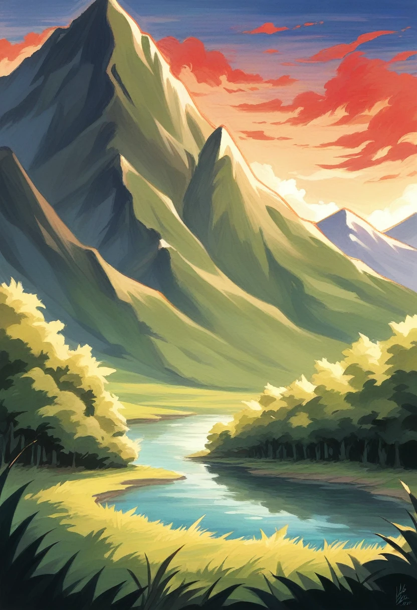 A serene landscape painting in the style of traditional Japanese ink painting. This painting features a tranquil lake surrounded by mountains and a bright red sunset in the background. Shadows of trees with red and black leaves frame the scene. The overall color scheme is dominated by shades of black, red, and the colors of sketchbook paper, creating striking contrasts and a calm yet dramatic atmosphere. This painting captures the essence of traditional Japanese art.