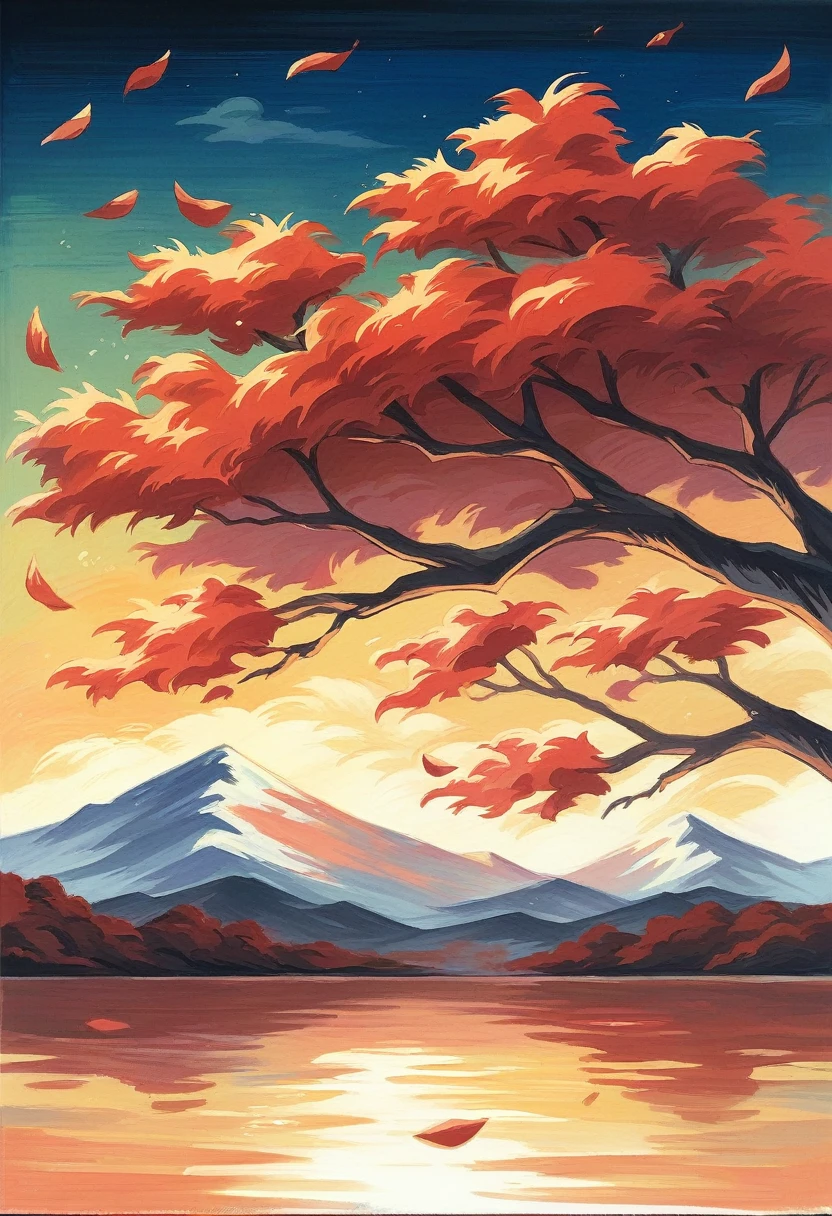 A serene landscape painting in the style of traditional Japanese ink painting. This painting features a tranquil lake surrounded by mountains and a bright red sunset in the background. Shadows of trees with red and black leaves frame the scene. The overall color scheme is dominated by shades of black, red, and the colors of sketchbook paper, creating striking contrasts and a calm yet dramatic atmosphere. This painting captures the essence of traditional Japanese art.
