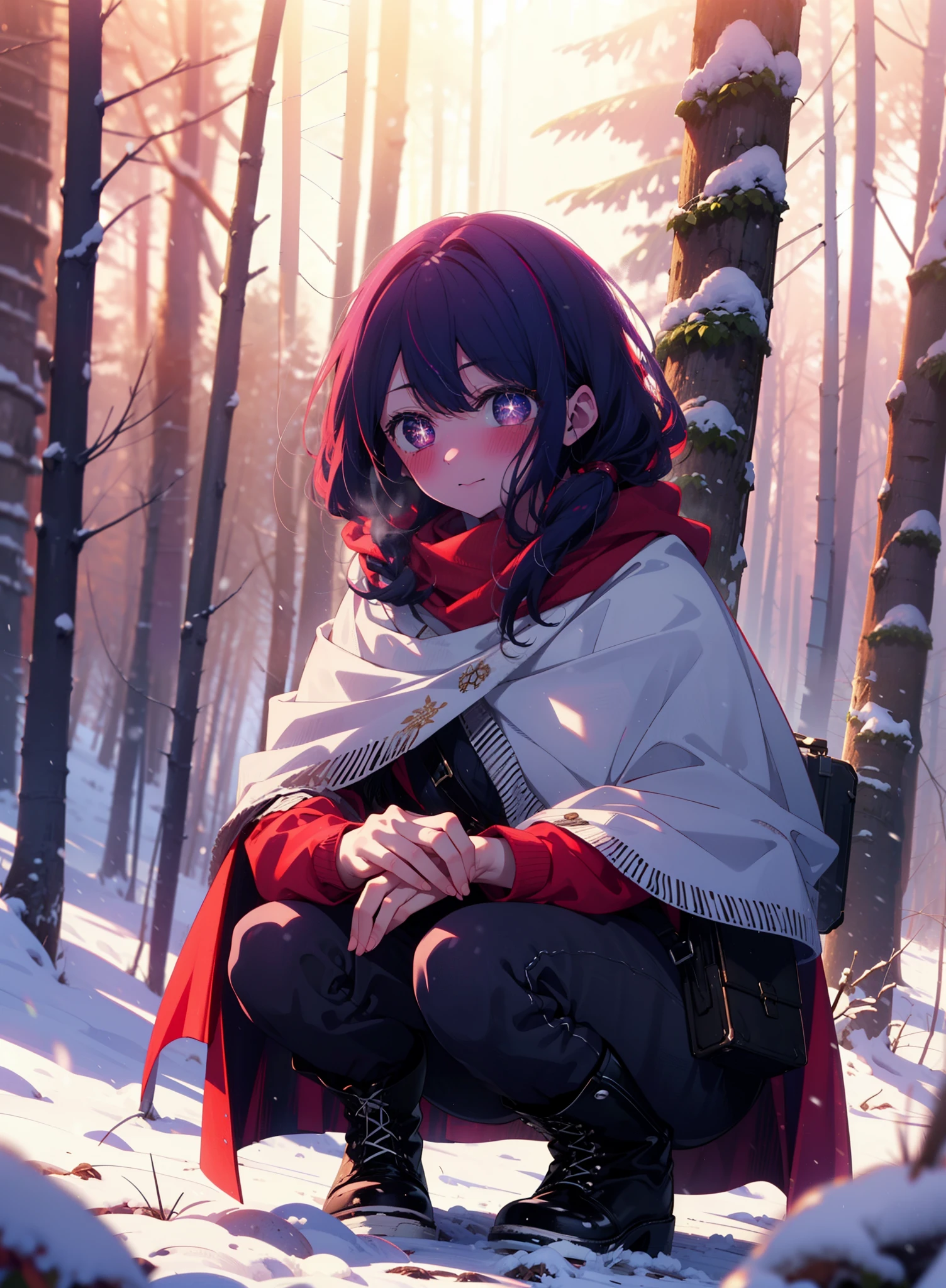 aihoshino, Ai Hoshino, Long Hair, bangs, (Purple eyes:1.1), Purple Hair, (Symbol-shaped pupil:1.5), smile,,smile,blush,white breath,
Open your mouth,snow,Ground bonfire, Outdoor, boots, snowing, From the side, wood, suitcase, Cape, Blurred, , forest, White handbag, nature,  Squat, Mouth closed, Cape, winter, Written boundary depth, Black shoes, red Cape break looking at viewer, Upper Body, whole body, break Outdoor, forest, nature, break (masterpiece:1.2), Highest quality, High resolution, unity 8k wallpaper, (shape:0.8), (Beautiful and beautiful eyes:1.6), Highly detailed face, Perfect lighting, Extremely detailed CG, (Perfect hands, Perfect Anatomy),