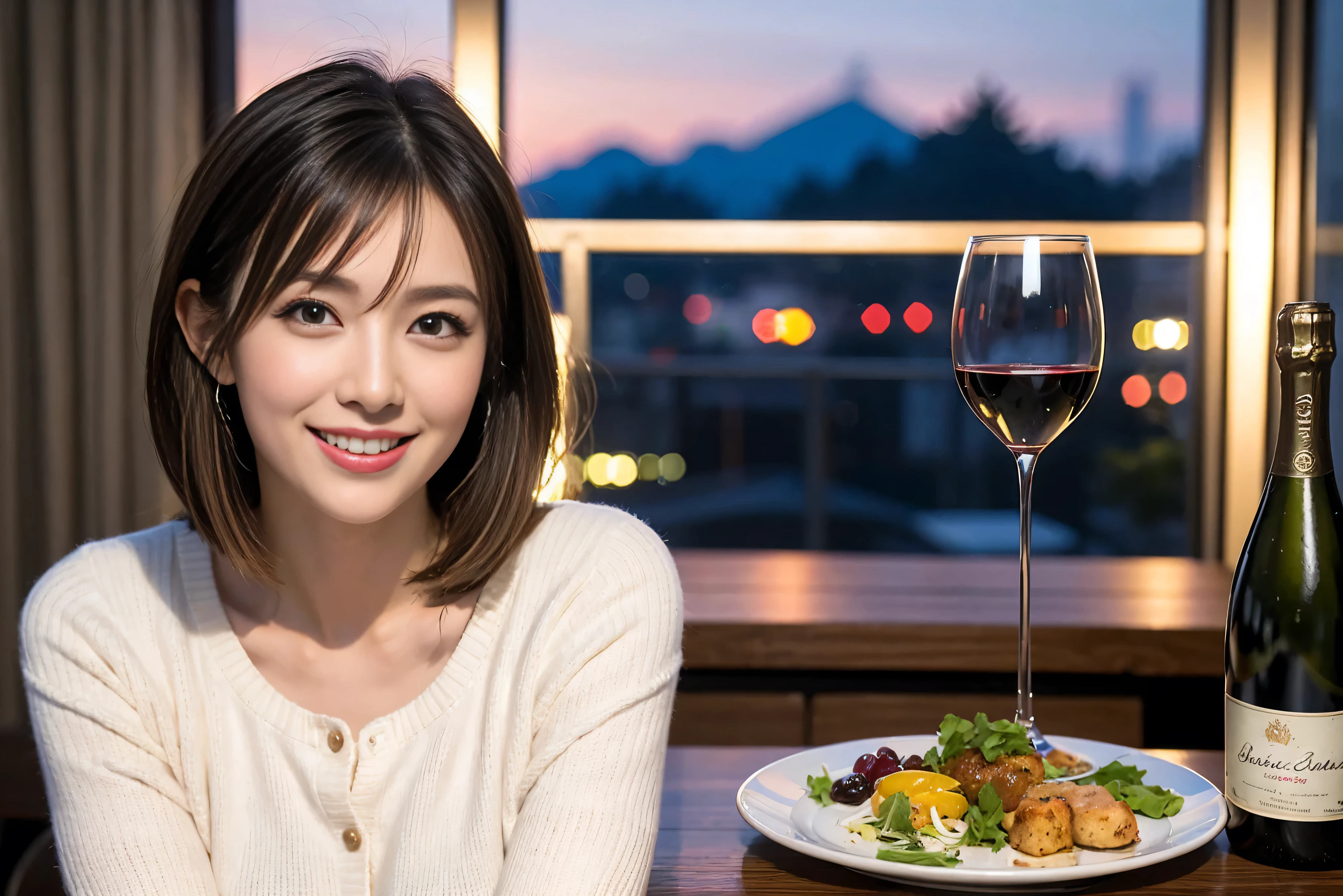 （Realistic:1.1）,(masterpiece,Highest quality)，8k,(49 years old), 53 years old, ベリーslimボディ、slimカップル、Tight waist,Upper Body,full-course dinner、wine 、Amazing view of the sunset sky and clouds、Perfect Anatomy, Brown Hair, short hair,Random Hairstyles,((Highly detailed face and eyes:1.2))，Perfect golden ratio face，Long sleeve shirt、dress,(smile:1.2)、Shortcuts、cute、(Realistic, Intricate details:1.2), A bright smile、short hair,Bright Face、赤wine 、Appetizers、Italian food、wine bottle、Champagne、スパークリングwine、(slimな顔), (The body is slim), (Brown Hair), (Shortcuts),  Upper Body, 白wine, slim, wineグラス, 