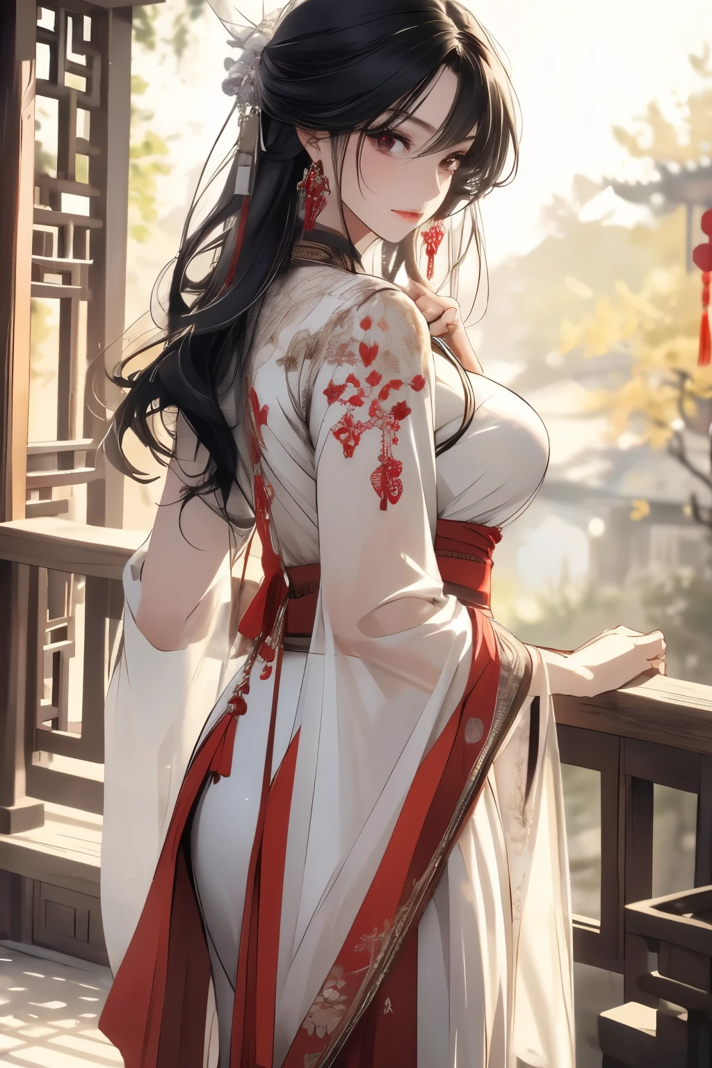 ((best quality)), ((masterpiece)), (detailed), Photorealistic, high resolution, mature woman, Hips up, Beautiful eyes, , Red eyes, jewelry, Hanfu, Chinese fairy, Taoist uniform, เสื้อผ้าขนาดใหญ่, Curtain Bangs, white hair, หน้าอกใหญ่, HDR (high dynamic range), After processing, Anisotropic filtration,depth of field, Maximum clarity and clarity, multi-layered surface, perfect proportions, 8K raw files, กระโปรงสั้น, natural lighting, soft lighting, sunlight, night life