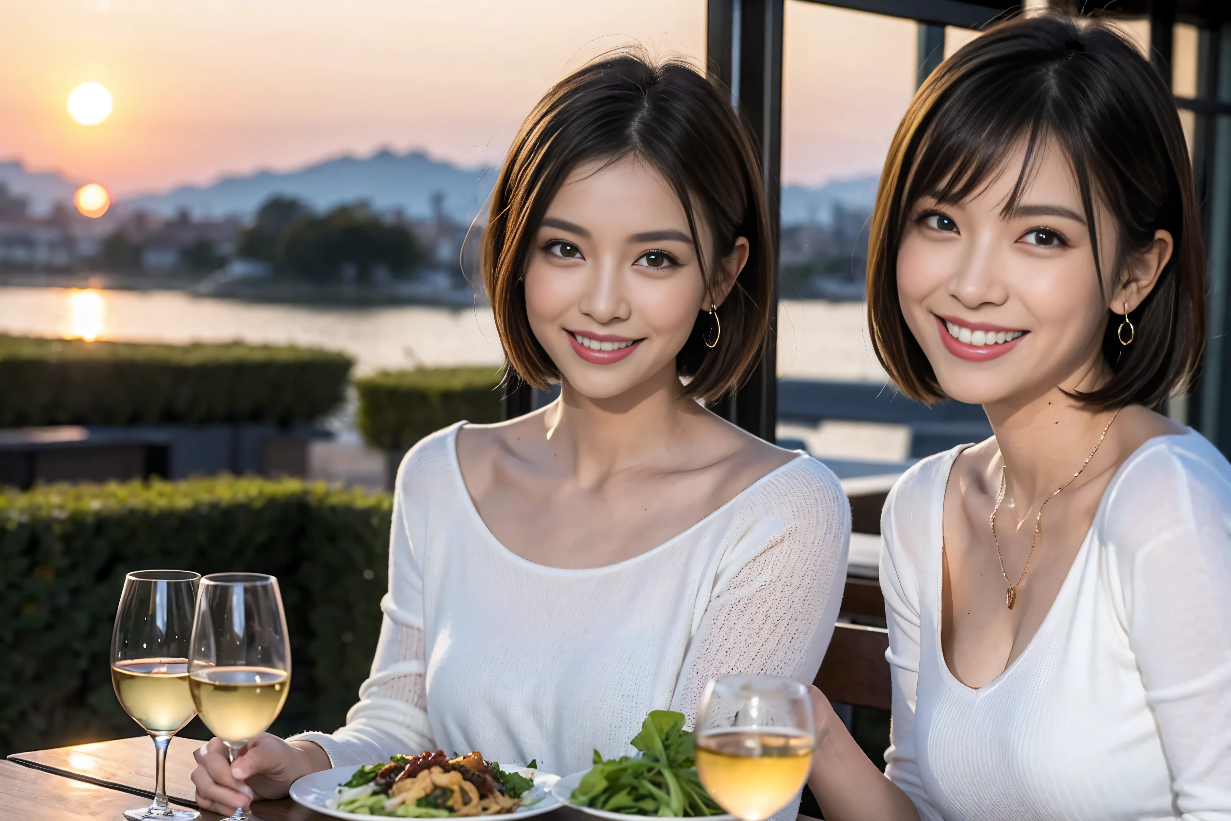 (Realistic:1.1),(masterpiece,Highest quality),8k,(49 years old), 53 years old, ベリーslimボディ、slimカップル、Tight waist,Upper Body,full-course dinner、wine 、Amazing view of the sunset sky and clouds、Perfect Anatomy, Brown Hair, short hair,Random Hairstyles,((Highly detailed face and eyes:1.2)),Perfect golden ratio face,Long sleeve shirt、dress,(smile:1.2)、Shortcuts、cute、(Realistic, Intricate details:1.2), A bright smile、short hair,Bright Face、赤wine 、Appetizers、Italian food、wine bottle、Champagne、スパークリングwine、(slimな顔), (The body is slim), (Brown Hair), (Shortcuts), Upper Body, 白wine, slim, wineグラス,